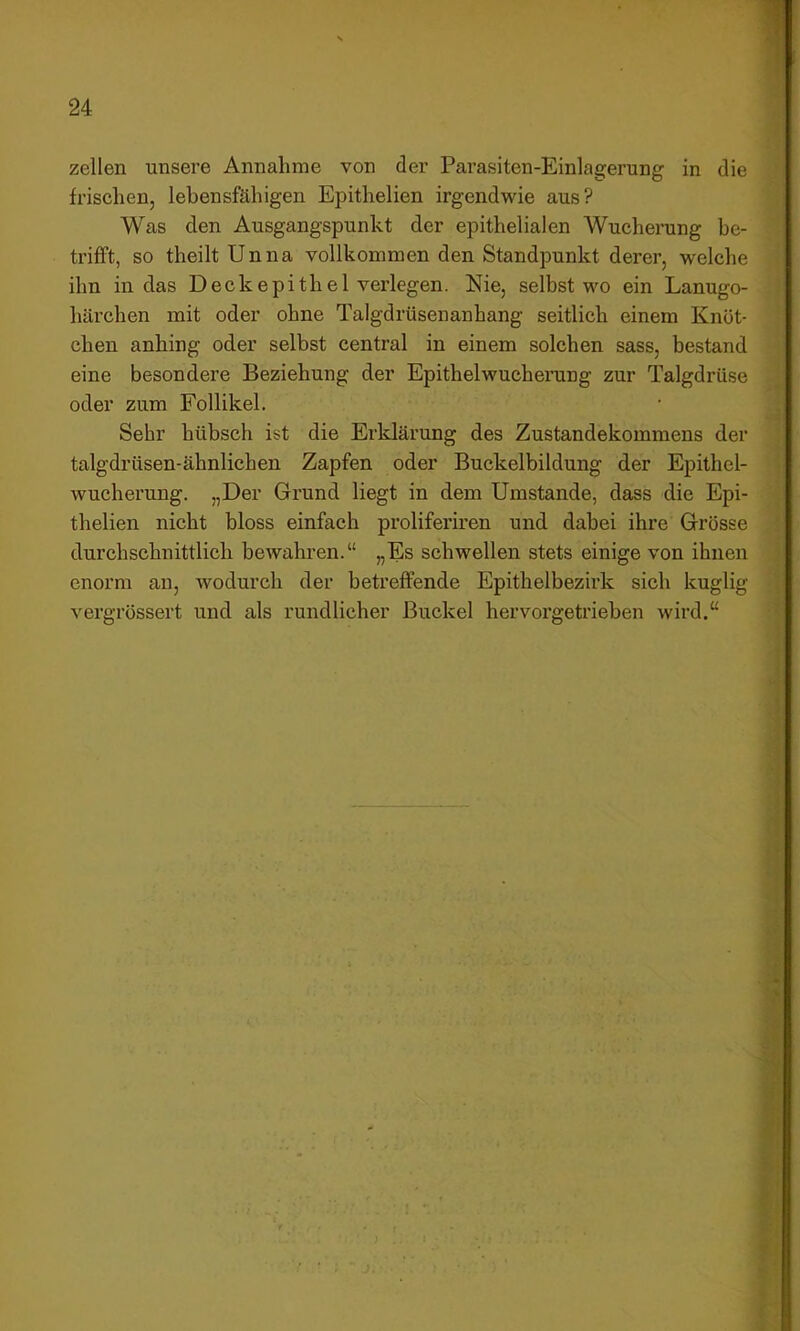 zellen unsere Annahme von der Parasiten-Einlagerung in die frischen, lebensfähigen Epithelien irgendwie aus? Was den Ausgangspunkt der epithelialen Wuchei’ung be- trifft, so theilt Unna vollkommen den Standpunkt derer, welche ihn in das Deckepithel verlegen. Nie, selbst wo ein Lanugo- härchen mit oder ohne Talgdrüsenanhang seitlich einem Knöt- chen anhing oder selbst central in einem solchen sass, bestand eine besondere Beziehung der Epithelwucheining zur Talgdrüse oder zum Follikel. Sehr hübsch ist die Erklärung des Zustandekommens der talgdrüsen-ähnlichen Zapfen oder Buckelbildung der Epithel- wucherung. „Der Grund liegt in dem Umstande, dass die Epi- thelien nicht bloss einfach proliferiren und dabei ihre Grösse durchschnittlich bewahren.“ „Es schwellen stets einige von ihnen enorm an, wodurch der betreffende Epithelbezirk sich kuglig vergrössert und als rundlicher Buckel hervorgetrieben wird.“