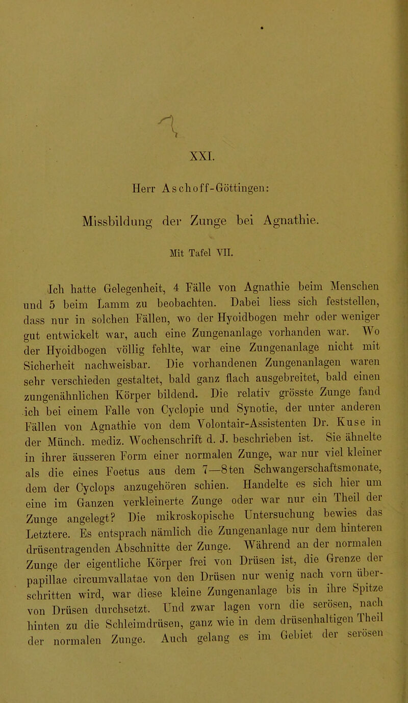 Herr Asclioff-Göttingen: Missbild uns der Zunge bei Asnathie. Mit Tafel VII. Ich hatte Gelegenheit, 4 Fälle von Agnathie beim Menschen und 5 beim Lamm zu beobachten. Dabei liess sich feststellen, dass nur in solchen Fällen, wo der Hyoidbogen mehr oder weniger gut entwickelt war, auch eine Zungenanlage vorhanden war. AVo der Hyoidbogen völlig fehlte, war eine Zungenanlage nicht mit Sicherheit nachweisbar. Die vorhandenen Zungenanlagen waren sehr verschieden gestaltet, bald ganz flach ausgebreitet, bald einen zungenähnlichen Körper bildend. Die relativ grösste Zunge fand ich bei einem Falle von Cyclopie und Synotie, der untei anderen Fällen von Agnathie von dem Volontair-Assistenten Dr. Kuse in der Münch, mediz. Wochenschrift d. J. beschrieben ist. Sie ähnelte in ihrer äusseren Form einer normalen Zunge, war nur viel kleiner als die eines Foetus aus dem 7—8ten Schwangerschaftsmonate, dem der Cyclops anzugehören schien. Handelte es sich hier um eine im Ganzen verkleinerte Zunge oder war nur ein Theil der Zunge angelegt? Die mikroskopische Untersuchung bewies das Letztere. Es entsprach nämlich die Zungenanlage nur dem hinteren drüsentragenden Abschnitte der Zunge. Während an der normalen Zunge der eigentliche Körper frei von Drüsen ist, die Grenze der papillae circumvallatae von den Drüsen nur wenig nach vorn über- schritten wird, war diese kleine Zungenanlage bis in ihre Spitze von Drüsen durchsetzt. Und zwar lagen vorn die serösen, nac i hinten zu die Schleimdrüsen, ganz wie in dem drüsenhaltigen 1 hei der normalen Zunge. Auch gelang es im Gebiet der serösen