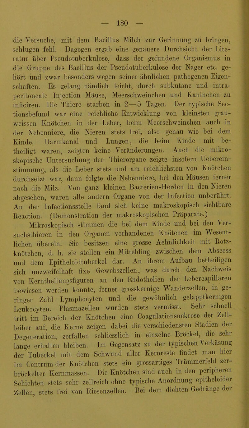 die Versuche, mit dem Bacillus Milch zur Gerinnung zu bringen, schlugen fehl. Dagegen ergab eine genauere Durchsicht der Lite- ratur über Pseudotuberkulose, dass der gefundene Organismus in die Gruppe des Bacillus der Pseudotuberkulose der Nager etc. ge- hört und zwar besonders wegen seiner ähnlichen pathogenen Eigen- schaften. Es gelang nämlich leicht, durch subkutane und intra- peritoneale Injection Mäuse, Meerschweinchen und Kaninchen zu inficiren. Die Thiere starben in 2—5 Tagen. Der typische Sec- tionsbefund war eine reichliche Entwicklung von kleinsten grau- weissen Knötchen in der Leber, beim Meerschweinchen auch in der Nebenniere, die Nieren stets frei, also genau wie bei dem Kinde. Darmkanal und Lungen, die beim Kinde mit be- theiligt waren, zeigten keine Veränderungen. Auch die mikro- skopische Untersuchung der Thierorgane zeigte insofern Ueberein- stimmuns:, als die Leber stets und am reichlichsten von Knötchen durchsetzt war, dann folgte die Nebenniere, bei den Mäusen ferner noch die Milz. Von ganz kleinen Bacterien-Herden in den Nieren abgesehen, waren alle andern Organe von der Infection unberührt. An der Infectionsstelle fand sich keine makroskopisch sichtbare Reaction. (Demonstration der makroskopischen Präparate.) Mikroskopisch stimmen die bei dem Kinde und bei den Ver- suchsthieren in den Organen vorhandenen Knötchen im Wesent- lichen überein. Sie besitzen eine grosse Aehnlichkeit mit Rotz- knötchen, d. h. sie stellen ein Mittelding zwischen dem Abscess und dem Epitheloidtuberkel dar. An ihrem Aufbau betheiligen sich unzweifelhaft fixe Gewebszellen, was durch den Nachweis von Kerntheilungsfiguren an den Endothelien der Lebercapillaren bewiesen werden konnte, ferner grosskernige Wanderzellen, in ge- ringer Zahl Lymphocyten und die gewöhnlich gelapptkernigen Leukocyten. Plasmazellen wurden stets vermisst. Sehr schnell tritt im Bereich der Knötchen eine Coagulationsnekrose der Zell- leiber auf, die Kerne zeigen dabei die verschiedensten Stadien der Degeneration, zerfallen schliesslich in einzelne Bröckel, die sehr lange erhalten bleiben. Im Gegensatz zu der typischen Verkäsung der Tuberkel mit dem Schwund aller Kernreste findet man hier im Centrum der Knötchen stets ein grossartiges Trümmerfeld zer- bröckelter Kernmassen. Die Knötchen sind auch in den peripheren Schichten stets sehr zellreich ohne typische Anordnung epitheloider Zellen, stets frei von Riesenzellen. Bei dem dichten Gedränge dei
