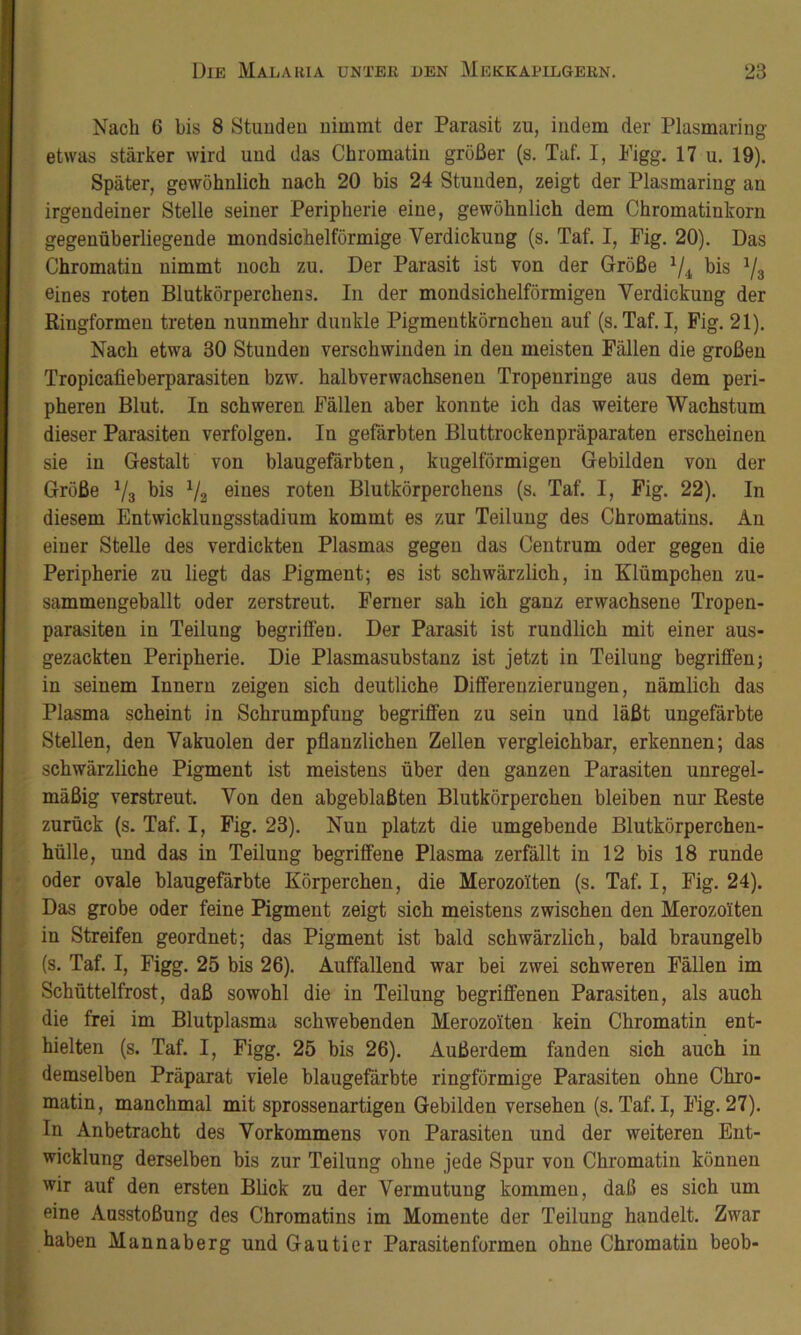Nach 6 bis 8 Stuuden uimmt der Parasit zu, indem der Plasmaring etwas stärker wird und das Chromatiu größer (s. Taf. I, Pigg. 17 u. 19). Später, gewöhnlich nach 20 bis 24 Stuuden, zeigt der Plasmaring an irgendeiner Stelle seiner Peripherie eine, gewöhnlich dem Chromatinkorn gegenüberliegende mondsichelförmige Verdickung (s. Taf. I, Fig. 20). Das Chromatin nimmt noch zu. Der Parasit ist von der Größe ^4 bis Va eines roten Blutkörperchens. In der mondsichelförmigen Verdickung der Riugformen treten nunmehr dunkle Pigmentkörnchen auf (s.Taf. I, Pig. 21). Nach etwa 30 Stunden verschwinden in den meisten Fällen die großen Tropicafieberparasiten bzw. halbverwachsenen Tropenringe aus dem peri- pheren Blut. In schweren Fällen aber konnte ich das weitere Wachstum dieser Parasiten verfolgen. In gefärbten Bluttrockenpräparaten erscheinen sie in Gestalt von blaugefärbten, kugelförmigen Gebilden von der Größe Va bis Va ßi“®s roten Blutkörperchens (s. Taf. I, Fig. 22). In diesem Entwicklungsstadium kommt es zur Teiluug des Chromatins. An einer Stelle des verdickten Plasmas gegen das Centrum oder gegen die Peripherie zu liegt das Pigment; es ist schwärzlich, in Klümpchen zu- sammengehallt oder zerstreut. Ferner sah ich ganz erwachsene Tropen- parasiten in Teilung begriffen. Der Parasit ist rundlich mit einer aus- gezackten Peripherie. Die Plasmasubstanz ist jetzt in Teilung begriffen; in seinem Innern zeigen sich deutliche Differenzierungen, nämlich das Plasma scheint in Schrumpfung begriffen zu sein und läßt ungefärbte Stellen, den Vakuolen der pflanzlichen Zellen vergleichbar, erkennen; das schwärzliche Pigment ist meistens über den ganzen Parasiten unregel- mäßig verstreut. Von den abgeblaßten Blutkörperchen bleiben nur Reste zurück (s. Taf. I, Pig. 23). Nun platzt die umgebende Blutkörperchen- hülle, und das in Teiluug begriffene Plasma zerfällt in 12 bis 18 runde oder ovale blaugefärbte Körperchen, die Merozolten (s. Taf. I, Fig. 24). Das grobe oder feine Pigment zeigt sich meistens zwischen den Merozoiten in Streifen geordnet; das Pigment ist bald schwärzlich, bald braungelb (s. Taf. I, Figg. 25 bis 26). Auffallend war bei zwei schweren Fällen im Schüttelfrost, daß sowohl die in Teilung begriffenen Parasiten, als auch die frei im Blutplasma schwebenden Merozolten kein Chromatin ent- hielten (s. Taf. I, Figg. 25 bis 26). Außerdem fanden sich auch in demselben Präparat viele blaugefärbte ringförmige Parasiten ohne Chro- matin , manchmal mit sprossenartigen Gebilden versehen (s. Taf. I, Fig. 27). In Anbetracht des Vorkommens von Parasiten und der weiteren Ent- wicklung derselben bis zur Teilung ohne jede Spur von Chromatin können wir auf den ersten Bück zu der Vermutung kommen, daß es sich um eine Ausstoßung des Chromatins im Momente der Teilung handelt. Zwar haben Mannaberg und Gautier Parasitenformen ohne Chromatin beob-