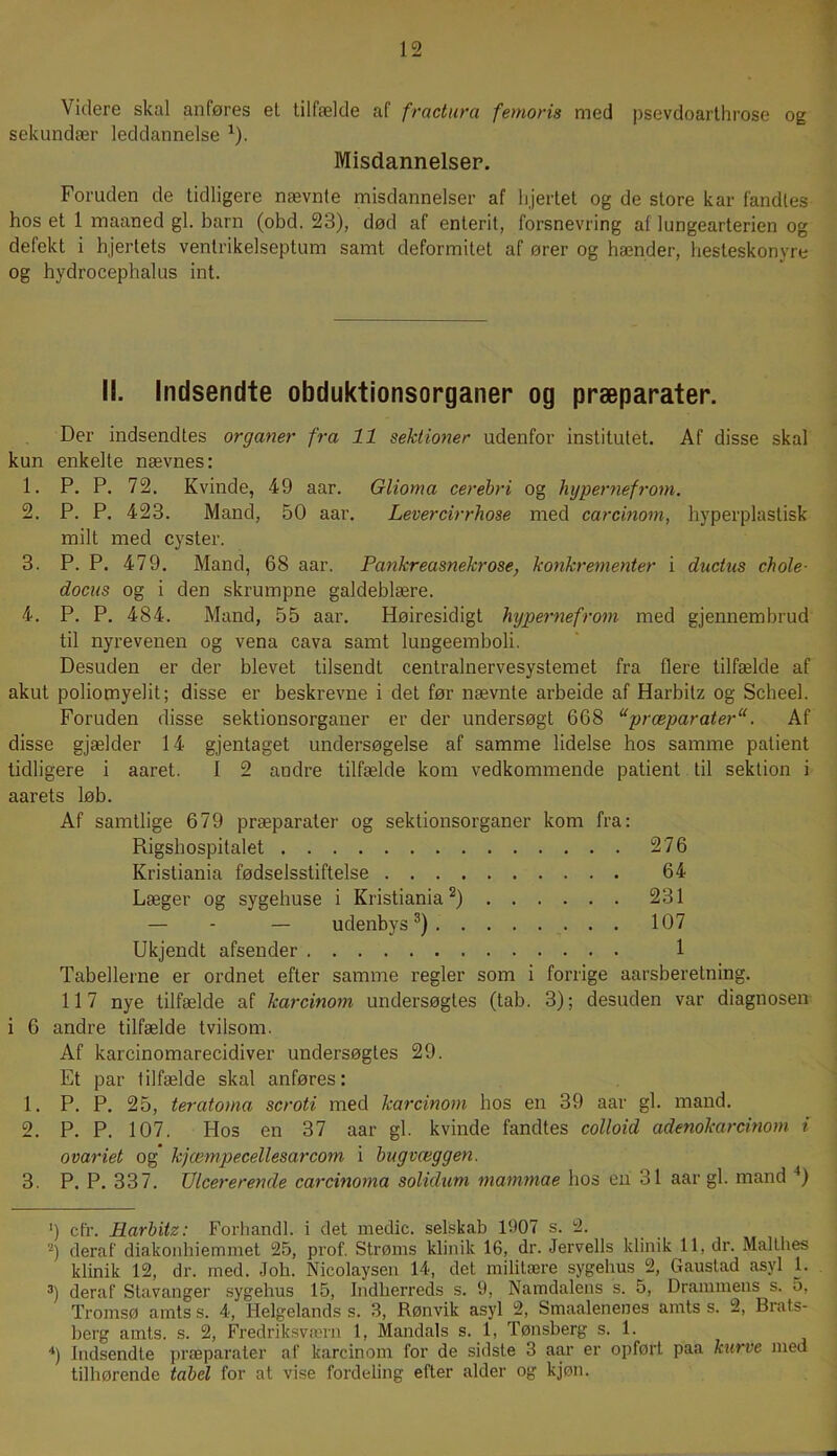 Videre skal anføres el tilfælde af fractura femoris med psevdoarthrose og sekundær leddannelse 1). Misdannelser. Foruden de lidligere nævnte misdannelser af hjertet og de store kar fandtes hos et 1 maaned gi. barn (obd. 23), død af enlerit, forsnevring af lungearterien og defekt i hjertets ventrikelseptum samt deformitet af ører og hænder, hesteskonyre og hydrocephalus int. II. Indsendte obduktionsorganer og præparater. Der indsendtes organer fra 11 sektioner udenfor institutet. Af disse skal kun enkelte nævnes: 1. P. P. 72. Kvinde, 49 aar. Glioma cerebri og hypernefrom. 2. P. P. 423. Mand, 50 aar. Levercirrhose med carcinom, hyperplastisk milt med cyster. 3. P. P. 479. Mand, 68 aar. Pankreasnekrose, konkrementer i ductus chole- docas og i den skrumpne galdeblære. 4. P. P. 484. Mand, 55 aar. Høiresidigt hypernefrom med gjennembrud til nyrevenen og vena cava samt lungeemboli. Desuden er der blevet tilsendt centralnervesystemet fra flere tilfælde af akut poliomyelit; disse er beskrevne i det før nævnte arbeide af Harbilz og Scheel. Foruden disse sektionsorganer er der undersøgt 668 “præparater11. Af disse gjælder 14 gjentaget undersøgelse af samme lidelse hos samme patient tidligere i aaret. I 2 andre tilfælde kom vedkommende patient til sektion i aarets løb. Af samtlige 679 præparater og sektionsorganer kom fra: Piigshospitalet 276 Kristiania fødselsstiftelse 64 Læger og sygehuse i Kristiania2) 231 — - — udenbys3) 107 Ukjendt afsender 1 Tabellerne er ordnet efter samme regler som i forrige aarsberetning. 117 nye tilfælde af karcinom undersøgtes (tab. 3); desuden var diagnosen i 6 andre tilfælde tvilsom. Af karcinomarecidiver undersøgtes 29. Et par tilfælde skal anføres: 1. P. P. 25, teratoma scroti med karcinom hos en 39 aar gi. mand. 2. P. P. 107. Hos en 37 aar gi. kvinde fandtes colloid adenokarcinom i ovariet og kjæmpecellesarcom i bugvæggen. 3. P. P. 337. Ulcererende carcinoma solidum marnmae hos en 31 aar gi. mand 4) ') cfr. Rarbitz: Forhandl, i det medie, selskab 1907 s. 2. 2) deraf diakonhiemmet 25, prof. Strøms klinik 16, dr. Jervells klinik 11, dr. Malthes klinik 12, dr. med. Joh. Nicolaysen 14, det militære sygehus 2, Gaustad asyl 1. 3) deraf Stavanger sygehus 15, Indlierreds s. 9, Namdalens s. 5, Drammens s. 5, Tromsø amts s. 4, Helgelands s. 3, Rønvik asyl 2, Smaalenenes amts s. 2, Brats- berg amts. s. 2, Fredrik sværn 1, Mandals s. 1, Tønsberg s. 1. 4) Indsendte præparater af karcinom for de sidste 3 aar er opført paa kurve med tilhørende tabel for at vise fordeling efter alder og kjøn.