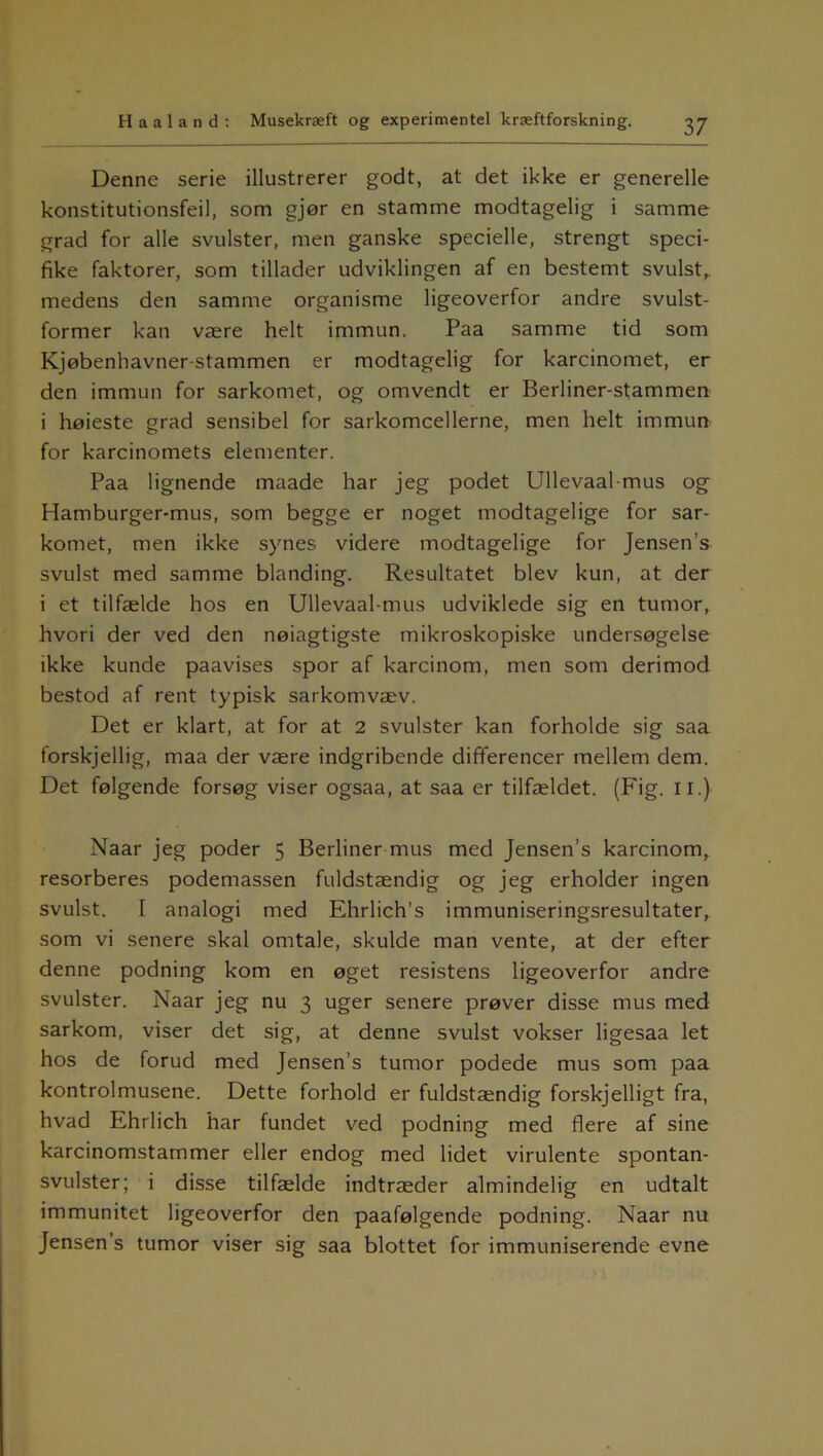 Denne serie illustrerer godt, at det ikke er generelle konstitutionsfeil, som gjør en stamme modtagelig i samme grad for alle svulster, men ganske specielle, strengt speci- fike faktorer, som tillader udviklingen af en bestemt svulst, medens den samme organisme ligeoverfor andre svulst- former kan være helt immun. Paa samme tid som Kjøbenhavner-stammen er modtagelig for karcinomet, er den immun for sarkomet, og omvendt er Berliner-stammen i høieste grad sensibel for sarkomcellerne, men helt immun for karcinomets elementer. Paa lignende maade har jeg podet Ullevaal-mus og Hamburger-mus, som begge er noget modtagelige for sar- komet, men ikke synes videre modtagelige for Jensen’s svulst med samme blanding. Resultatet blev kun, at der i et tilfælde hos en Ullevaal-mus udviklede sig en tumor, hvori der ved den nøiagtigste mikroskopiske undersøgelse ikke kunde paavises spor af karcinom, men som derimod bestod af rent typisk sarkomvæv. Det er klart, at for at 2 svulster kan forholde sig saa forskjellig, maa der være indgribende differencer mellem dem. Det følgende forsøg viser ogsaa, at saa er tilfældet. (Fig. il.) Naar jeg poder 5 Berliner mus med Jensen’s karcinom, resorberes podemassen fuldstændig og jeg erholder ingen svulst. I analogi med Ehrlich’s immuniseringsresultater, som vi senere skal omtale, skulde man vente, at der efter denne podning kom en øget resistens ligeoverfor andre svulster. Naar jeg nu 3 uger senere prøver disse mus med sarkom, viser det sig, at denne svulst vokser ligesaa let hos de forud med Jensen’s tumor podede mus som paa kontrolmusene. Dette forhold er fuldstændig forskjelligt fra, hvad Ehrlich har fundet ved podning med flere af sine karcinomstammer eller endog med lidet virulente spontan- svulster; i disse tilfælde indtræder almindelig en udtalt immunitet ligeoverfor den paafølgende podning. Naar nu Jensen’s tumor viser sig saa blottet for immuniserende evne