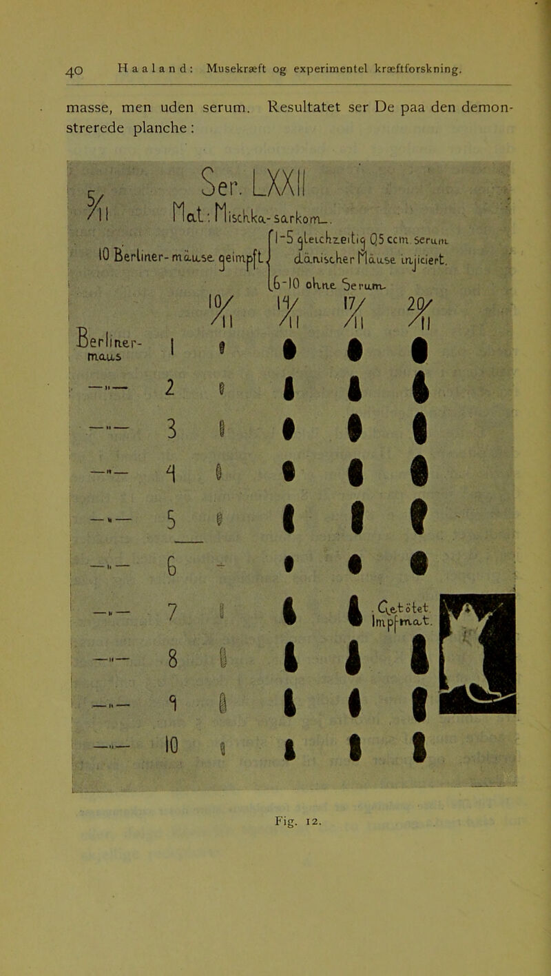 masse, men uden serum. Resultatet ser De paa den demon- strerede planche: Vx )m_. i . Ser. LXX Hat: flisckka. -sarkor I-5 ^leickzeiti^ Q5 ccm serum 10 Berliner-mau.se. tjeimp[L, dan.ist.ker Mduse injiciert. .6-10 ohne. ‘beru.nv 10/ IV 17/ 20/ Berlii iner- maus 1 2 3 i 5 6 7 8 S 10 I I I I I I II I I I t i t Fig. 12.