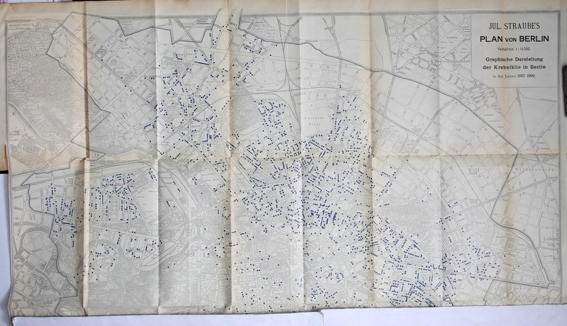 JUL STRAUBE'S PLAN VON BERLIN Artilli /ffsffn'iArufV- der tun t '\ X GcmeU 'Flisab^et A * Gemeinde S cyfkbni-rj miaaiads_ Verhältnis 1:14500. de rr‘ ‘' n. d r Graphische Darstellung der Krebsfälle in Berlin in den Jahren 1897-1899. Ä > b**// Brunnen Bhi’ Gcsimflbruiun Hst. ./»idudrr, Uaßri-bn. Plati ■JUif.l’ut- lit* Str._ l?)atr. \Juiltsehcr. mochcr \~ Vo ro •* •, Licht siii» yhrclcenbcfk. : . -- v, Bhf Ff 1 Alj , , —