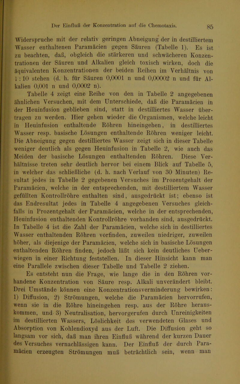 Widerspruche mit der relativ geringen Abneigung der in destilliertem Wasser enthaltenen Paramäcien gegen Säuren (Tabelle 1). Es ist j zu beachten, daß, obgleich die stärkeren und schwächeren Konzen- P trationen der Säuren und Alkalien gleich toxisch wirken, doch die • äquivalenten Konzentrationen der beiden Reihen im Verhältnis von » 1:10 stehen (d. h. für Säuren 0,0001 n und 0,00002 n und für Al- \ kalien 0,001 n und 0,0002 n). Tabelle 4 zeigt eine Reihe von den in Tabelle 2 angegebenen > ähnlichen Versuchen, mit dem Unterschiede, daß die Paramäcien in I der Heuinfusion geblieben sind, statt in destilliertes Wasser über- f tragen zu werden. Hier gehen wieder die Organismen, welche leicht Iin Heuinfusion enthaltende Röhren hineingehen, in destilliertes Wasser resp. basische Lösungen enthaltende Röhren weniger leicht. Die Abneigung gegen destilliertes Wasser zeigt sich in dieser Tabelle [ weniger deutlich als gegen Heuinfusion in Tabelle 2, wie auch das i Meiden der basische Lösungen enthaltenden Röhren. Diese Ver- ‘ hältnisse treten sehr deutlich hervor bei einem Blick auf Tabelle 5, in welcher das schließliche (d. h. nach Verlauf von 30 Minuten) Re- sultat jedes in Tabelle 2 gegebenen Versuches im Prozentgehalt der ( Paramäcien, welche in der entsprechenden, mit destilliertem Wasser gefüllten Kontrollröhre enthalten sind, ausgedrückt ist; ebenso ist : das Endresultat jedes in Tabelle 4 angegebenen Versuches gleich- ' falls in Prozentgehalt der Paramäcien, welche in der entsprechenden, ; Heuinfusion enthaltenden Kontrollröhre vorhanden sind, ausgedrückt. I In Tabelle 4 ist die Zahl der Paramäcien, welche sich in destilliertes (Wasser enthaltenden Röhren vorfinden, zuweilen niedriger, zuweilen höher, als diejenige der Paramäcien, welche sich in basische Lösungen enthaltenden Röhren finden, jedoch läßt sich kein deutliches Ueber- wiegen in einer Richtung feststellen. In dieser Hinsicht kann man eine Parallele zwischen dieser Tabelle und Tabelle 2 ziehen. Es entsteht nun die Frage, wie lange die in den Röhren vor- I handene Konzentration von Säure resp. Alkali unverändert bleibt. I Drei Umstände können eine Konzentrationsverminderung bewirken: 1) Diffusion, 2) Strömungen, welche die Paramäcien hervorrufen, wenn sie in die Röhre hineingehen resp. aus der Röhre heraus- kommen, und 3) Neutralisation, hervorgerufen durch Unreinigkeiten I im destillierten Wassers, Löslichkeit des verwendeten Glases und J Absorption von Kohlendioxyd aus der Luft. Die Diffusion geht so J langsam vor sich, daß man ihren Einfluß während der kurzen Dauer ' des Versuches vernachlässigen kann. Der Einfluß der durch Para- mäcien erzeugten Strömungen muß beträchtlich sein, wenn man