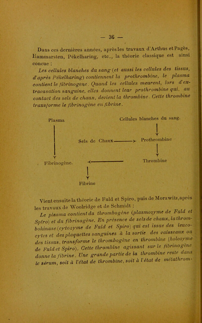 Dans ces dernières années, après les travaux d Arthus et Pagès, Hammarsten, Pékelharing, etc., la théorie classique est ainsi conçue : Les cellules blanches du sang' (et aussi les cellules des tissus, d'après Pékelharing) contiennent la prothrombine, le plasma contient le fibrinogène. Quand les cellules meurent, lors d ex- travasation sanguine, elles donnent leur prothrombine qui, au contact des sels de chaux, devient la thrombine. Cette thrombine transforme le fibrinogène en fibrine. Plasma Sels de Chaux. Cellules blanches du sang. Prothrombine Y Fibrinogène. Thrombine Y Fibrine Vient ensuite la théorie de Fuld et Spiro, puis de Morawitz,après les travaux de Woolridge et de Schmidt . Le plasma contient du thrombogène (plasmozyme de Fuld et Spiro) et du fibrinogène. En présence de sels de chaux, latlirom- bokinase (cytozyme de Fuld et Spiro) qui est issue des leuco- cytes et des plaquettes sanguines à la sortie des vaisseaux ou des tissus, transforme le thrombogène en thrombine .(holozyme de Fuld et Spiro). Cette thrombine agissant sur le fibnnogene donne la fibrine. Une grande partie de la thrombine reste dans le sérum, soit à Vétat de thrombine, soit à l'état de metathrom-