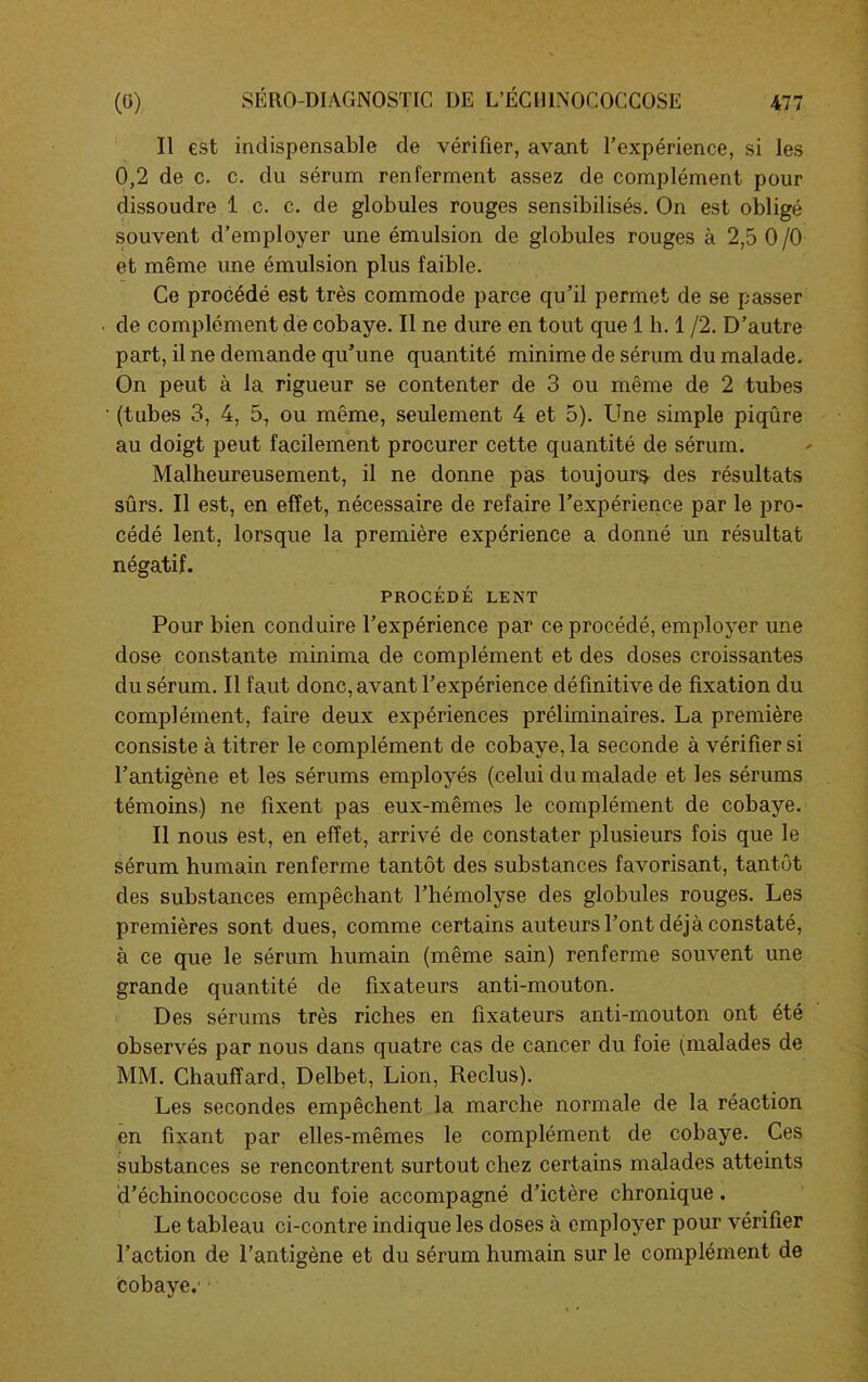 Il est indispensable de vérifier, avant l’expérience, si les 0,2 de c. c. du sérum renferment assez de complément pour dissoudre 1 c. c. de globules rouges sensibilisés. On est obligé souvent d’employer une émulsion de globules rouges à 2,5 0 /O et même une émulsion plus faible. Ce procédé est très commode parce qu’il permet de se passer de complément de cobaye. Il ne dure en tout que 1 h. 1 /2. D’autre part, il ne demande qu’une quantité minime de sérum du malade. On peut à la rigueur se contenter de 3 ou même de 2 tubes (tubes 3, 4, 5, ou même, seulement 4 et 5). Une simple piqûre au doigt peut facilement procurer cette quantité de sérum. Malheureusement, il ne donne pas toujours des résultats sûrs. Il est, en effet, nécessaire de refaire l’expérience par le pro- cédé lent, lorsque la première expérience a donné un résultat négatif. PROCÉDÉ LENT Pour bien conduire l’expérience par ce procédé, employer une dose constante minima de complément et des doses croissantes du sérum. Il faut donc, avant l’expérience définitive de fixation du complément, faire deux expériences préliminaires. La première consiste à titrer le complément de cobaye, la seconde à vérifier si l’antigène et les sérums employés (celui du malade et les sérums témoins) ne fixent pas eux-mêmes le complément de cobaye. Il nous est, en effet, arrivé de constater plusieurs fois que le sérum humain renferme tantôt des substances favorisant, tantôt des substances empêchant l’hémolyse des globules rouges. Les premières sont dues, comme certains auteurs l’ont déjà constaté, à ce que le sérum humain (même sain) renferme souvent une grande quantité de fixateurs anti-mouton. Des sérums très riches en fixateurs anti-mouton ont été observés par nous dans quatre cas de cancer du foie (malades de MM. Chauffard, Delbet, Lion, Reclus). Les secondes empêchent la marche normale de la réaction en fixant par elles-mêmes le complément de cobaye. Ces substances se rencontrent surtout chez certains malades atteints d’échinococcose du foie accompagné d’ictère chronique. Le tableau ci-contre indique les doses à employer pour vérifier l’action de l'antigène et du sérum humain sur le complément de bobaye.'