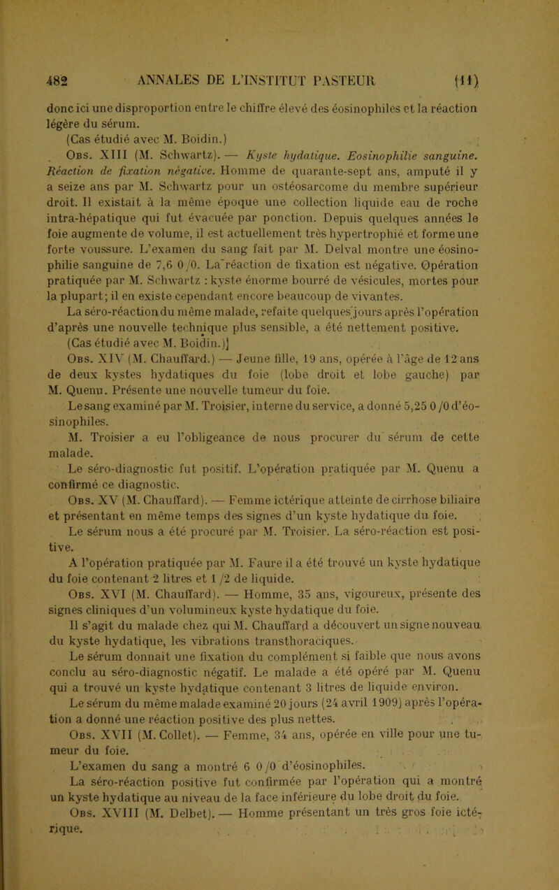 donc ici une disproportion entre le chiffre élevé des éosinophiles et la réaction légère du sérum. (Cas étudié avec M. Boidin.) Obs. XIII (M. Schwartz). — Kyste hydatique. Eosinophilie sanguine. Réaction de -fixation négative. Homme de quarante-sept ans, amputé il y a seize ans par M. Schwartz pour un ostéosarcome du membre supérieur droit. Il existait à la même époque une collection liquide eau de roche intra-hépatique qui fut évacuée par ponction. Depuis quelques années le foie augmente de volume, il est actuellement très hypertrophié et formeune forte voussure. L’examen du sang fait par M. Delval montre une éosino- philie sanguine de 7,6 0/0. La'réaction de fixation est négative. Opération pratiquée par M. Schwartz : kyste énorme bourré de vésicules, mortes pour la plupart; il en existe cependant encore beaucoup de vivantes. La séro-réactiondu même malade, refaite quelques'jours après l’opération d’après une nouvelle technique plus sensible, a été nettement positive. (Cas étudié avec M. Boidin.)] Obs. XIV (M. Chauffard.) — Jeune fille, 19 ans, opérée à l’âge de 12 ans de deux kystes hydatiques du foie (lobe droit et lobe gauche) par M. Quenu. Présente une nouvelle tumeur du foie. Le sang examiné par M. Troisier, interne du service, adonné 5,25 0 /O d’éo- sinophiles. M. Troisier a eu l’obligeance de nous procurer du sérum de cette malade. Le séro-diagnostic fut positif. L’opération pratiquée par M. Quenu a confirmé ce diagnostic. Obs. XV (M. Chauffard). — Femme ictérique atteinte de cirrhose biliaire et présentant en même temps des signes d'un kyste hydatique du foie. Le sérum nous a été procuré par M. Troisier. La séro-réaetion est posi- tive. A l’opération pratiquée par M. Faure il a été trouvé un kyste hydatique du foie contenant 2 litres et 1 /2 de liquide. Obs. XVI (M. Chauffard). — Homme, 35 ans, vigoureux, présente des signes cliniques d’un volumineux kyste hydatique du foie. Il s’agit du malade chez qui M. Chauffard a découvert un signe nouveau du kyste hydatique, les vibrations transthoraciques.. Le sérum donnait une fixation du complément si faible que nous avons conclu au séro-diagnostic négatif. Le malade a été opéré par M. Quenu qui a trouvé un kyste hydatique contenant 3 litres de liquide environ. Le sérum du même malade examiné 20 jours (24 avril 1909) après l’opéra- tion a donné une réaction positive des plus nettes. Obs. XVII (M. Collet). — Femme, 34 ans, opérée en ville pour une tu- meur du foie. L’examen du sang a montré 6 0/0 d’éosinophiles. La séro-réaction positive fut confirmée par l’opération qui a montré, un kyste hydatique au niveau de la face inférieure du lobe droit du foie. Obs. XVIII (M. Delbet).— Homme présentant un très gros foie ictéT rjque. . d , . :