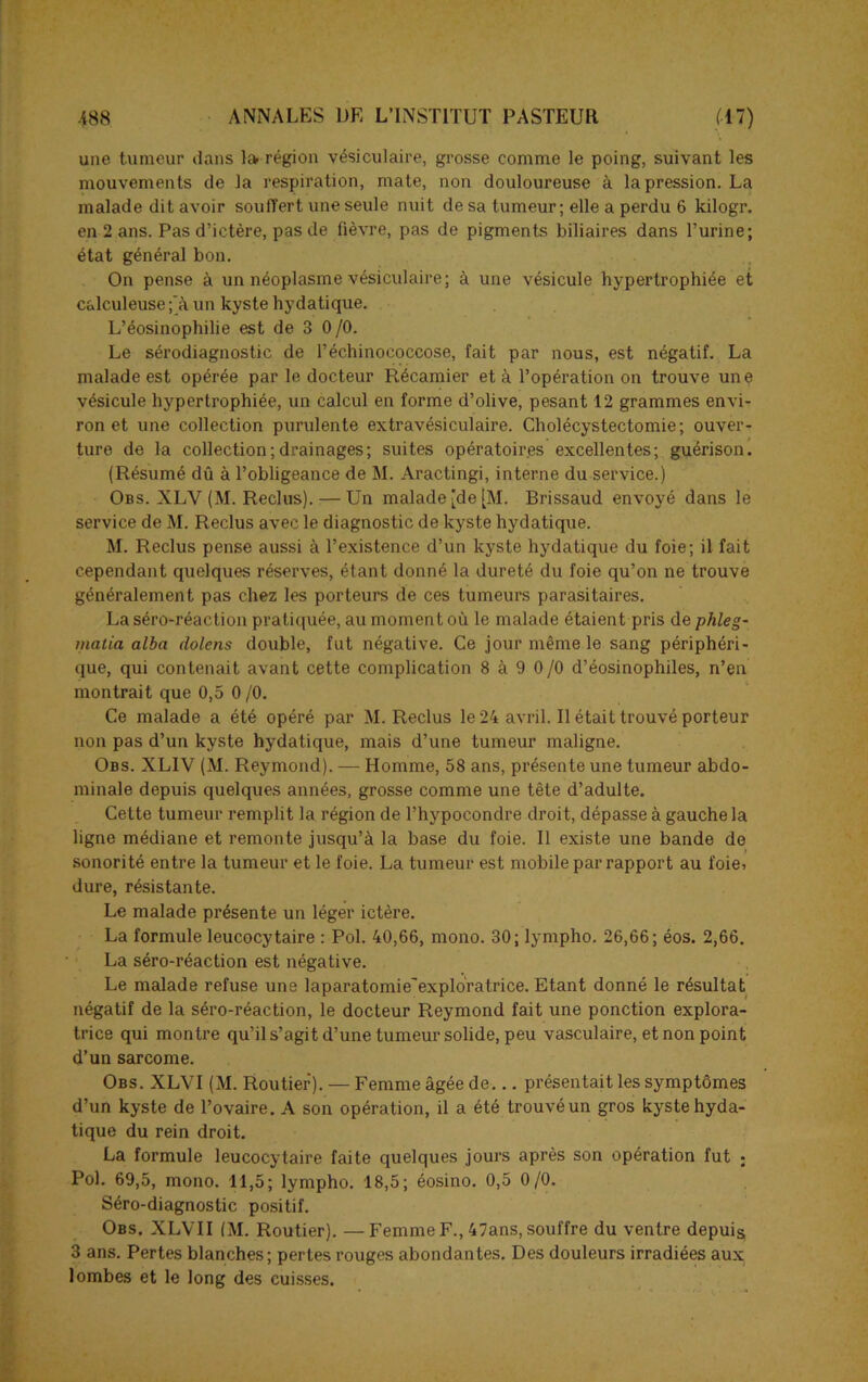 une tumeur dans 1» région vésiculaire, grosse comme le poing, suivant les mouvements de la respiration, mate, non douloureuse à la pression. La malade dit avoir souffert une seule nuit de sa tumeur; elle a perdu 6 kilogr. en 2 ans. Pas d’ictère, pas de fièvre, pas de pigments biliaires dans l’urine; état général bon. On pense à un néoplasme vésiculaire; à une vésicule hypertrophiée et calculeuse ;à un kyste hydatique. L’éosinophilie est de 3 0 /O. Le sérodiagnostic de l’échinococcose, fait par nous, est négatif. La malade est opérée par le docteur Récamier et à l’opération on trouve une vésicule hypertrophiée, un calcul en forme d’olive, pesant 12 grammes envi- ron et une collection purulente extravésiculaire. Cholécystectomie; ouver- ture de la collection;drainages; suites opératoires excellentes; guérison. (Résumé dû à l’obligeance de M. Aractingi, interne du service.) Obs. XLV (M. Reclus). — Un malade [de [M. Brissaud envoyé dans le service de M. Reclus avec le diagnostic de kyste hydatique. M. Reclus pense aussi à l’existence d’un kyste hydatique du foie; il fait cependant quelques réserves, étant donné la dureté du foie qu’on ne trouve généralement pas chez les porteurs de ces tumeurs parasitaires. La séro-réaction pratiquée, au moment où le malade étaient pris de phleg- inatia alba dolens double, fut négative. Ce jour même le sang périphéri- que, qui contenait avant cette complication 8 à 9 0/0 d’éosinophiles, n’en montrait que 0,5 0/0. Ce malade a été opéré par M. Reclus le 24 avril. Il était trouvé porteur non pas d’un kyste hydatique, mais d’une tumeur maligne. Obs. XLIV (M. Reymond). — Homme, 58 ans, présente une tumeur abdo- minale depuis quelques années, grosse comme une tête d’adulte. Cette tumeur remplit la région de l’hypocondre droit, dépasse à gauche la ligne médiane et remonte jusqu’à la base du foie. Il existe une bande de sonorité entre la tumeur et le foie. La tumeur est mobile par rapport au foie* dure, résistante. Le malade présente un léger ictère. La formule leucocytaire : Pol. 40,66, mono. 30; lympho. 26,66; éos. 2,66. La séro-réaction est négative. Le malade refuse une laparatomie'exploratrice. Etant donné le résultat négatif de la séro-réaction, le docteur Reymond fait une ponction explora- trice qui montre qu’il s’agit d’une tumeur solide, peu vasculaire, et non point d’un sarcome. Obs. XLVI (M. Routier). — Femme âgée de... présentait les symptômes d’un kyste de l’ovaire. A son opération, il a été trouvéun gros kyste hyda- tique du rein droit. La formule leucocytaire faite quelques jours après son opération fut : Pol. 69,5, mono. 11,5; lympho. 18,5; éosino. 0,5 0/0. Séro-diagnostic positif. Obs. XLVII (M. Routier). —Femme F., 47ans, souffre du ventre depuis 3 ans. Pertes blanches; pertes rouges abondantes. Des douleurs irradiées aux lombes et le long des cuisses.