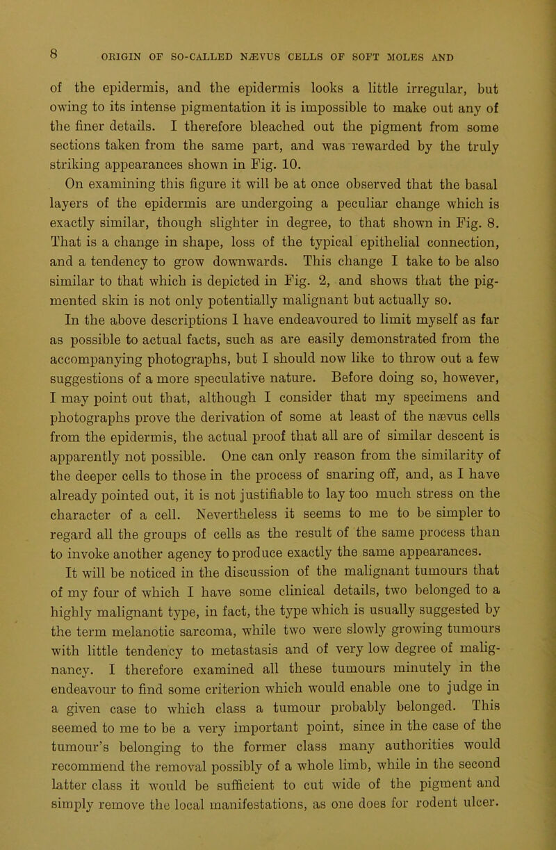 of the epidermis, and the epidermis looks a little irregular, but owing to its intense pigmentation it is impossible to make out any of the finer details. I therefore bleached out the pigment from some sections taken from the same part, and was rewarded by the truly striking appearances shown in Fig. 10. On examining this figure it will be at once observed that the basal layers of the epidermis are undergoing a peculiar change which is exactly similar, though slighter in degree, to that shown in Fig. 8. That is a change in shape, loss of the typical epithelial connection, and a tendency to grow downwards. This change I take to be also similar to that which is depicted in Fig. 2, and shows that the pig- mented skin is not only potentially malignant but actually so. In the above descriptions 1 have endeavoured to limit myself as far as possible to actual facts, such as are easily demonstrated from the accompanying photographs, but I should now like to throw out a few suggestions of a more speculative nature. Before doing so, however, I may point out that, although I consider that my specimens and photographs prove the derivation of some at least of the nasvus cells from the epidermis, the actual proof that all are of similar descent is apparently not possible. One can only reason from the similarity of the deeper cells to those in the process of snaring off, and, as I have already pointed out, it is not justifiable to lay too much stress on the character of a cell. Nevertheless it seems to me to be simpler to regard all the groups of cells as the result of the same process than to invoke another agency to produce exactly the same appearances. It will be noticed in the discussion of the malignant tumours that of my four of which I have some clinical details, two belonged to a highly malignant type, in fact, the type which is usually suggested by the term melanotic sarcoma, while two were slowly growing tumours with little tendency to metastasis and of very low degree of malig- nancy. I therefore examined all these tumours minutely in the endeavour to find some criterion which would enable one to judge in a given case to which class a tumour probably belonged. This seemed to me to be a very important point, since in the case of the tumour’s belonging to the former class many authorities would recommend the removal possibly of a whole limb, while in the second latter class it would be sufficient to cut wide of the pigment and simply remove the local manifestations, as one does for rodent ulcer.