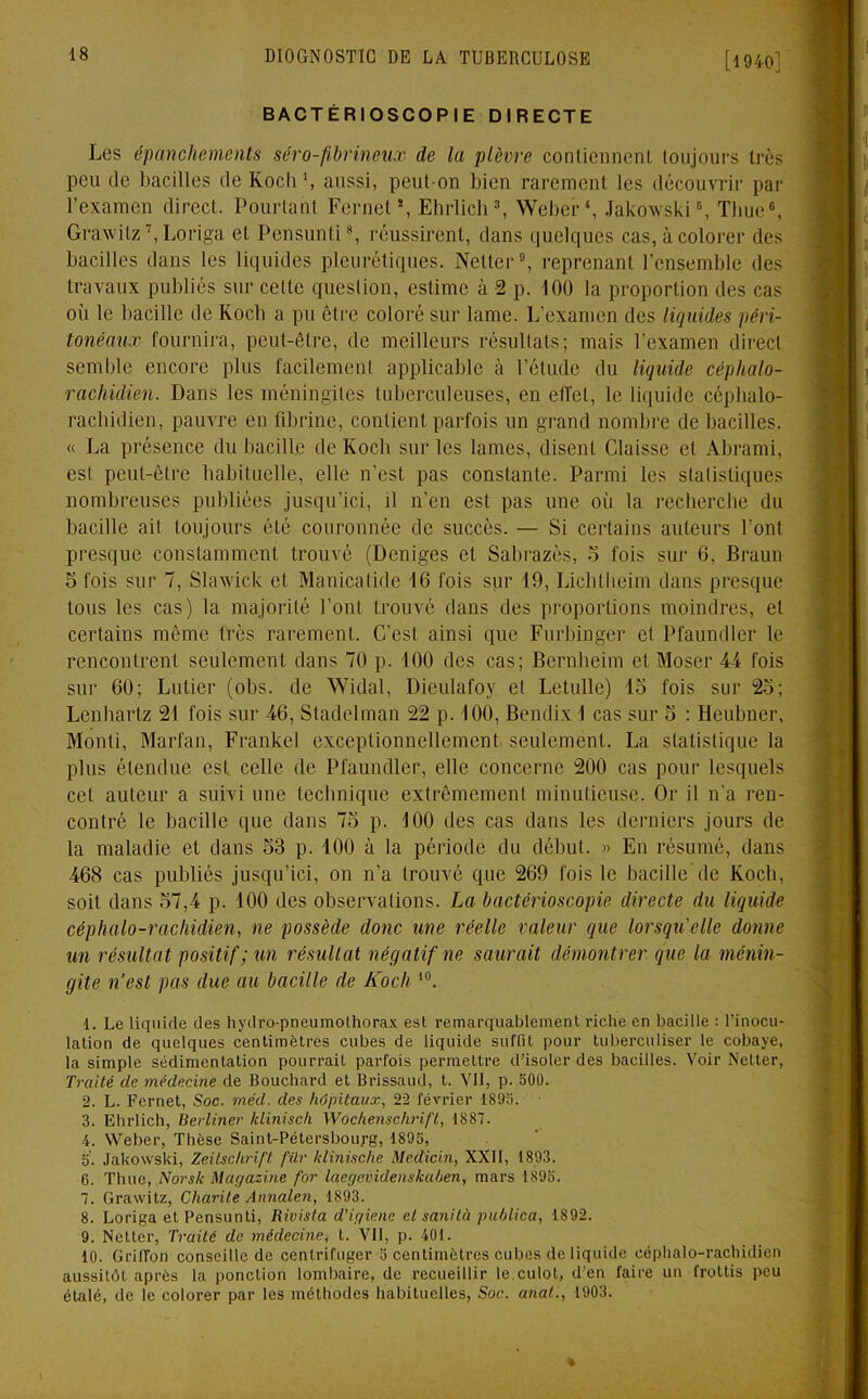 [1940] BACTÉRIOSCOPIE DIRECTE Les épanchements séro-fibrineux de la plèvre contiennent toujours très peu de bacilles de Koch \ aussi, peut-on bien rarement les découvrir par l’examen direct. Pourtant Fernet *, Ehrlich3, Weber4, Jakowski5, Tbue6, Grawitz ', Loriga et Pensunti8, réussirent, dans quelques cas, à colorer des bacilles dans les liquides pleurétiques. Netter9, reprenant l’ensemble des travaux publiés sur celte question, estime à 2 p. 100 la proportion des cas où le bacille de Koch a pu être coloré sur lame. L’examen des liquides péri- tonéaux fournira, peut-être, de meilleurs résultats; mais l’examen direct semble encore plus facilement applicable à l’étude du liquide céphalo- rachidien. Dans les méningites tuberculeuses, en effet, le liquide céphalo- rachidien, pauvre en fibrine, contient parfois un grand nombre de bacilles. « La présence du bacille de Koch sur les lames, disent Glaisse et Abrami, est peut-être habituelle, elle n’est pas constante. Parmi les statistiques nombreuses publiées jusqu’ici, il n’en est pas une où la recherche du bacille ail toujours été couronnée de succès. — Si certains auteurs l’ont presque constamment trouvé (Deniges et Sabrazès, 5 fois sur 6, Braun 5 fois sur 7, Slawick et Manicatide 16 fois sur 19, Lichtheim dans presque tous les cas) la majorité l’ont trouvé dans des proportions moindres, et certains même très rarement. C’est ainsi que Furbinger et Pfaundler le rencontrent seulement dans 70 p. 100 des cas; Bernheim et Moser 44 fois sur 60; Lutier (obs. de Widal, Dieulafoy et Letulle) 15 fois sur 25; Lenhartz 21 fois sur 46, Stadelman 22 p. 100, Bendix 1 cas sur S : Heubner, Monli, Marfan, Frankel exceptionnellement, seulement. La statistique la plus étendue est. celle de Pfaundler, elle concerne 200 cas pour lesquels cet auteur a suivi une technique extrêmement minutieuse. Or il n’a ren- contré le bacille que dans 75 p. 100 des cas dans les derniers jours de la maladie et dans 53 p. 100 à la période du début. » En résumé, dans 468 cas publiés jusqu’ici, on n’a trouvé que 269 fois le bacille'de Koch, soit dans 57,4 p. 100 des observations. La bactérioscopie directe du liquide céphalo-rachidien, ne possède donc une réelle valeur que lorsqu'elle donne un résultat positif ; un résultat négatif ne saurait démontrer que la ménin- gite n’est pas due au bacille de Koch 10. 1. Le liquide des hydro-pneumothorax est remarquablement riche en bacille : l’inocu- lation de quelques centimètres cubes de liquide suffit pour tuberculiser le cobaye, la simple sédimentation pourrait parfois permettre d’isoler des bacilles. Voir Netter, Traité de médecine de Bouchard et Brissaud, t. VU, p. 500. 2. L. Fernet, Soc. méd. des hôpitaux, 22 février 1895. 3. Ehrlich, Berliner hlinisch Wochenschrift, 1887. 4. Weber, Thèse Saint-Pétersbourg, 1895, 5’. Jakowski, Zeitschrift filr klinische Medicin, XXII, 1893. 6. Thue, N or s h Magazine for laegevidenskahen, mars 1895. 7. Grawitz, Chante Annalen, 1893. 8. Loriga et Pensunti, Rivista d'igiene etsanità puhlica, 1892. 9. Netter, Traité de médecine, t. VII, p. 401. 10. GrilTon conseille de centrifuger 5 centimètres cubes de liquide céphalo-rachidien aussitôt après la ponction lombaire, de recueillir le culot, d’en faire un frottis peu étalé, de le colorer par les méthodes habituelles, Soc. anat., 1903.