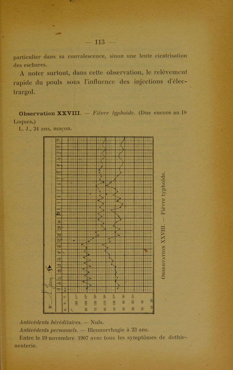 particulier dans sa convalescence, sinon une lente cicatrisation des eschares. A noter surtout, dans cette observation, le relèvement rapide du pouls sous l’influence des injections d’élec- trargol. Observation XXVIII. — Fièvre typhoïde. (Due encore au 1)< Loques.) L. J., 24 ans, maçon. Antécédents héréditaires. — Nuis. Antécédents personnels. — Blennorrhagie à 23 ans. Entre le 19 novembre 1907 avec tous les symptômes de dothie- nenterie.