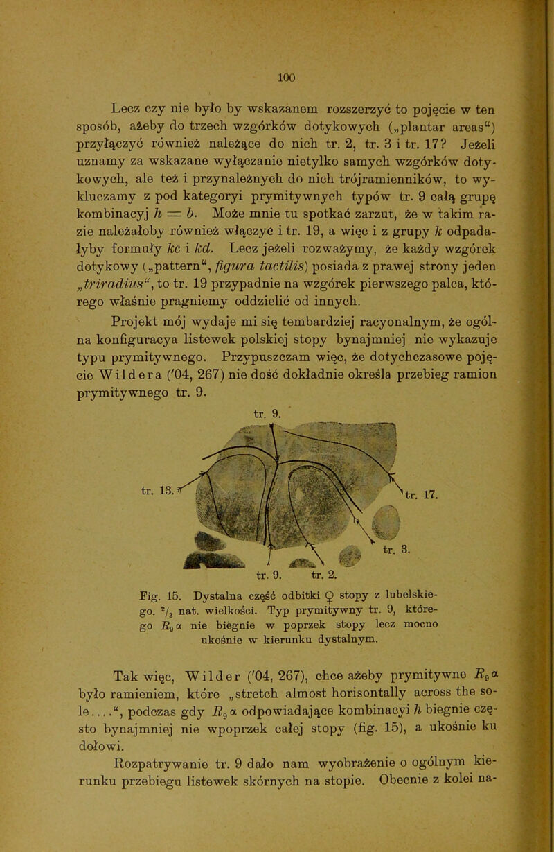 Lecz czy nie było by wskazanem rozszerzyć to pojęcie w ten sposób, ażeby do trzech wzgórków dotykowych („plantar areasu) przyłączyć również należące do nich tr. 2, tr. 3 i tr. 17? Jeżeli uznamy za wskazane wyłączanie nietylko samych wzgórków doty- kowych, ale też i przynależnych do nich trójramienników, to wy- kluczamy z pod kategoryi prymitywnych typów tr. 9 całą grupę kombinacyj h — b. Może mnie tu spotkać zarzut, że w takim ra- zie należałoby również włączyć itr. 19, a więc i z grupy k odpada- łyby formuły kc i kd. Lecz jeżeli rozważymy, że każdy wzgórek dotykowy („pattern14, figura tactiliś) posiada z prawej strony jeden „triradius11, to tr. 19 przypadnie na wzgórek pierwszego palca, któ- rego właśnie pragniemy oddzielić od innych. Projekt mój wydaje mi się tembardziej racyonalnym, że ogól- na konfiguracya listewek polskiej stopy bynajmniej nie wykazuje typu prymitywnego. Przypuszczam więc, że dotychczasowe poję- cie Wildera ('04, 267) nie dość dokładnie określa przebieg ramion prymitywnego tr. 9. tr. 9. tr. 9. tr. 2. Fig. 15. Dystalna część odbitki stopy z lubelskie- go. s/3 nat. wielkości. Typ prymitywny tr. 9, które- go Rq a nie biegnie w poprzek stopy lecz mocno ukośnie w kierunku dystalnym. Tak więc, Wilder ('04,267), chce ażeby prymitywne i?9a było ramieniem, które „stretch almost horisontally across the so- le “, podczas gdy i?9a odpowiadające kombinacyi h biegnie czę- sto bynajmniej nie wpoprzek całej stopy (fig. 15), a ukośnie ku dołowi. Rozpatrywanie tr. 9 dało nam wyobrażenie o ogólnym kie- runku przebiegu listewek skórnych na stopie. Obecnie z kolei na-