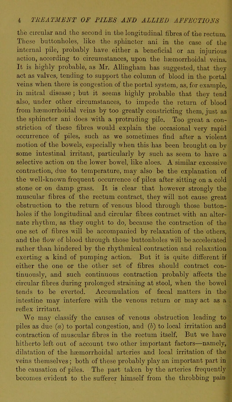 the circular and the second in the longitudinal fibres of the rectum. These buttonholes, like the sphincter ani in the case of the internal pile, probably have either a beneficial or an injurious action, according to circumstances, upon the haemorrhoidal veins. It is highly probable, as Mr. Allingham has suggested, that they act as valves, tending to support the column of blood in the portal veins when there is congestion of the portal system, as, for example, in mitral disease ; but it seems highly probable that they tend also, under other circumstances, to impede the return of blood from hsemorrhoidal veins by too greatly constricting them, just as the sphincter ani does with a protruding pile. Too great a con- striction of these fibres would explain the occasional very rapid occurrence of piles, such as we sometimes find after a violent motion of the bowels, especially when this has been brought on by some intestinal irritant, particularly by such as seem to have a selective action on the lower bowel, like aloes. A similar excessive contraction, due to temperature, may also be the explanation of the well-known frequent occurrence of piles after sitting on a cold stone or on damp grass. It is clear that however strongly the muscular fibres of the rectum contract, they will not cause great obstruction to the return of venous blood through those button- holes if the longitudinal and circular fibres contract with an alter- nate rhythm, as they ought to do, because the contraction of the one set of fibres will be accompanied by relaxation of the others, and the fiow of blood through those buttonholes will be accelerated rather than hindered by the rhythmical contraction and relaxation exerting a kind of pumping action. But it is quite different if either the one or the other set of fibres should contract con- tinuously, and such continuous contraction probably affects the circular fibres during prolonged straining at stool, when the bowel tends to be everted. Accumulation of faecal matters in the intestine may interfere with the venous return or may act as a reflex irritant. We may classify the causes of venous obstruction leading to piles as due {a) to portal congestion, and (6) to local irritation and contraction of muscular fibres in the rectum itself. But we have hitherto left out of account two other important factors—namely, dilatation of the hsemorrhoidal arteries and local irritation of the veins themselves; both of these probably play an important part in the causation of piles. The part taken by the arteries frequently becomes evident to the sufferer himself from the throbbing pain