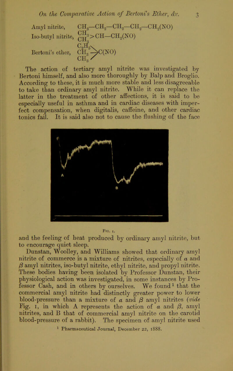 Amyl nitrite, CHg—CHg—CHg—CHg—CH2(N0) Iso-butyl nitrite, —CH2(NO) C2H5V Bertoni’s ether, CHg -^C(NO) CHg/ The action of tertiary amyl nitrite was investigated by Bertoni himself, and also more thoroughly by Balp and Broglio. According to these, it is much more stable and less disagreeable to take than ordinary amyl nitrite. While it can replace the latter in the treatment of other affections, it is said to be especially useful in asthma and in cardiac diseases with imper- fect compensation, when digitalis, caffeine, and other cardiac tonics fail. It is said also not to cause the flushing of the face Fia. I. and the feeling of heat produced by ordinary amyl nitrite, but to encourage quiet sleep. Dunstan, Woolley, and Williams showed that ordinary amyl nitrite of commerce is a mixture of nitrites, especially of a and B amyl nitrites, iso-butyl nitrite, ethyl nitrite, and propyl nitrite. These bodies having been isolated by Professor Dunstan, their physiological action was investigated, in some instances by Pro- fessor Cash, and in others by ourselves. We found ^ that the commercial amyl nitrite had distinctly greater power to lower blood-pressure than a mixture of a and /3 amyl nitrites {vide Fig. I, in which A represents the action of a and amyl nitrites, and B that of commercial amyl nitrite on the carotid blood-pressure of a rabbit). The specimen of amyl nitrite used ' Pharmaceutical Journal, December 22, 1888.