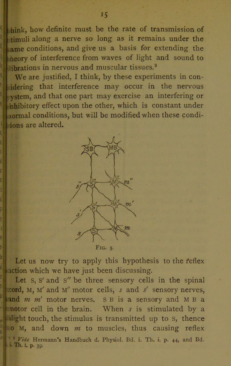 (link, how definite must be the rate of transmission of | timuli along a nerve so long as it remains under the l ame conditions, and give us a basis for extending the | heory of interference from waves of light and sound to ;ibrations in nervous and muscular tissues.3 We are justified, I think, by these experiments in con- idering that interference may occur in the nervous ystem, and that one part may exercise an interfering or nhibitory effect upon the other, which is constant under lomial conditions, but will be modified when these condi- ions are altered. Let us now try to apply this hypothesis to the feflex action which we have just been discussing. Let s, S' and s be three sensory cells in the spinal cord, M, m' and m motor cells, s and / sensory nerves, and m m' motor nerves. SB is a sensory and M B a notor cell in the brain. When s is stimulated by a flight touch, the stimulus is transmitted up to s, thence 0 M, and down m to muscles, thus causing reflex 1 Vide Hermann’s Handbuch d. Physiol. Bd. i. Th. i. p. 44, and Bd. i. Th. i. p. 39. / Fig. s-