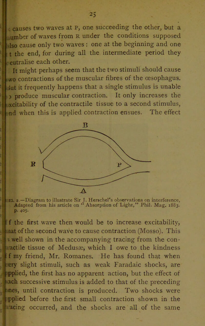 (causes two waves at p, one succeeding the other, but a umber of waves from R under the conditions supposed Iso cause only two waves : one at the beginning and one t the end, for during all the intermediate period they eutralise each other. It might perhaps seem that the two stimuli should cause ro contractions of the muscular fibres of the oesophagus, ut it frequently happens that a single stimulus is unable i produce muscular contraction. It only increases the ccitability of the contractile tissue to a second stimulus, id when this is applied contraction ensues. The effect B IS. 2—Diagram to illustrate Sir J. Herschel’s observations on interference. Adapted from his article on “ Absorption of Light,” Phil. Mag. 1883. p. 405. : f the first wave then would be to increase excitability, aat of the second wave to cause contraction (Mosso). This ; well shown in the accompanying tracing from the con- ..•actile tissue of Medusae, which I owe to the kindness f my friend, Mr. Romanes. He has found that when . ery slight stimuli, such as weak Faradaic shocks, are pplied, the first has no apparent action, but the effect of >ach successive stimulus is added to that of the preceding nes, until contraction is produced. Two shocks were pplied before the first small contraction shown in the •acing occurred, and the shocks are all of the same