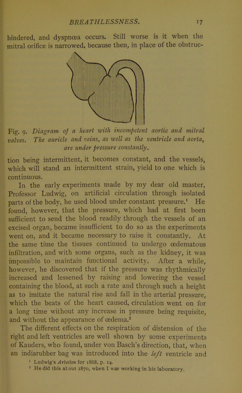 hindered, and dyspnoea occurs. Still worse is it when the mitral orifice is narrowed, because then, in place of the obstruc- Fig. 9. Diagram of a heart with incompetent aortic and mitral valves. The auricle and veins, as well as the ventricle and aorta, are under pressure constantly. tion being intermittent, it becomes constant, and the vessels, which will stand an intermittent strain, yield to one which is continuous. In the early experiments made by my dear old master. Professor Ludwig, on artificial circulation through isolated parts of the body, he used blood under constant pressure.' He found, however, that the pressure, which had at first been sufficient to send the blood readily through the vessels of an excised organ, became insufficient to do so as the experiments went on, and it became necessary to raise it constantly. At the same time the tissues continued to undergo cedematous infiltration, and with some organs, such as the kidney, it was impossible to maintain functional activity. After a while, however, he discovered that if the pressure was rhythmically increased and lessened by raising and lowering the vessel containing the blood, at such a rate and through such a height as to imitate the natural rise and fall in the arterial pressure, which the beats of the heart caused, circulation went on for a long time without any increase in pressure being requisite, and without the appearance of cedema.^ The different effects on the respiration of distension of the right and left ventricles are well shown by some'experiments of Kauders, who found, under von Basch’s direction, that, when an indiarubber bag was introduced into the left ventricle and ‘ Ludwig’s Arbeiten for 1868, p. 14. ’ He did this about 1870, when I was working in his laboratory.