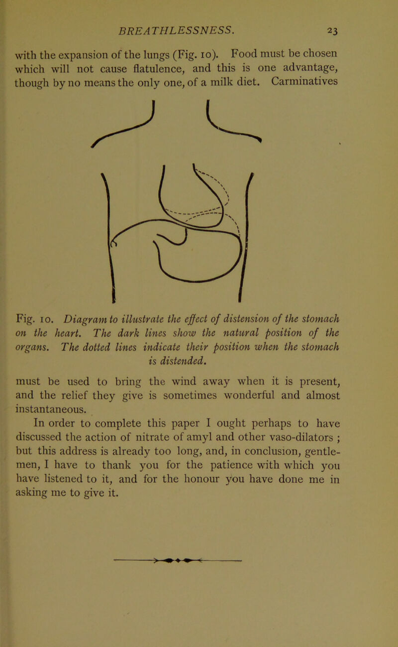 with the expansion of the lungs (Fig. 10). Food must be chosen which will not cause flatulence, and this is one advantage, though by no means the only one, of a milk diet. Carminatives Fig. 10. Diagram to illustrate the effect of distension of the stomach on the heart. The dark lines show the natural position of the organs. The dotted lines indicate their position when the stomach is distended. must be used to bring the wind away when it is present, and the relief they give is sometimes wonderful and almost instantaneous. In order to complete this paper I ought perhaps to have discussed the action of nitrate of amyl and other vaso-dilators ; but this address is already too long, and, in conclusion, gentle- men, I have to thank you for the patience with which you have listened to it, and for the honour you have done me in asking me to give it.