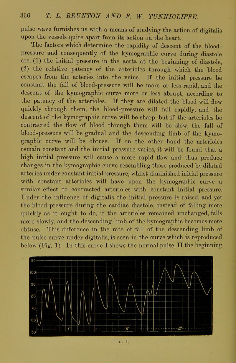 pulse wave furnishes us with a means of studying the action of digitalis upon the vessels quite apart from its action on the heart. The factors which determine the rapidity of descent of the blood- pressure and consequently of the kymographic curve during diastole are, (1) the initial pressure in the aorta at the beginning of diastole, (2) the relative patency of the arterioles through which the blood escapes from the arteries into the veins. If the initial pressure be constant the fall of blood-pressure will be more or less rapid, and the descent of the kymographic curve more or less abrupt, according to the patency of the arterioles. If they are dilated the blood will flow quickly through them, the blood-pressure will fall rapidly, and the descent of the kymographic curve will be sharp, but if the arterioles be contracted the flow of blood through them will be slow, the fall of blood-pressure will be gradual and the descending limb of the kymo- graphic curve will be obtuse. If on the other hand the arterioles remain constant and the initial pressure varies, it will be found that a high initial pressure will cause a more rapid flow and thus produce changes in the kymographic curve resembling those produced by dilated arteries under constant initial pressure, whilst diminished initial pressure with constant arterioles will have upon the kymographic curve a similar effect to contracted arterioles with constant initial pressure. Under the influence of digitalis the initial pressure is raised, and yet the blood-pressure during the cardiac diastole, instead of falling more quickly as it ought to do, if the arterioles remained unchanged, falls more slowly, and the descending limb of the kymographic becomes more obtuse. This difference in the rate of fall of the descending limb of the pulse curve under digitalis, is seen in the curve which is reproduced below (Fig. 1). In this curve I shows the normal pulse, II the beginning 8'