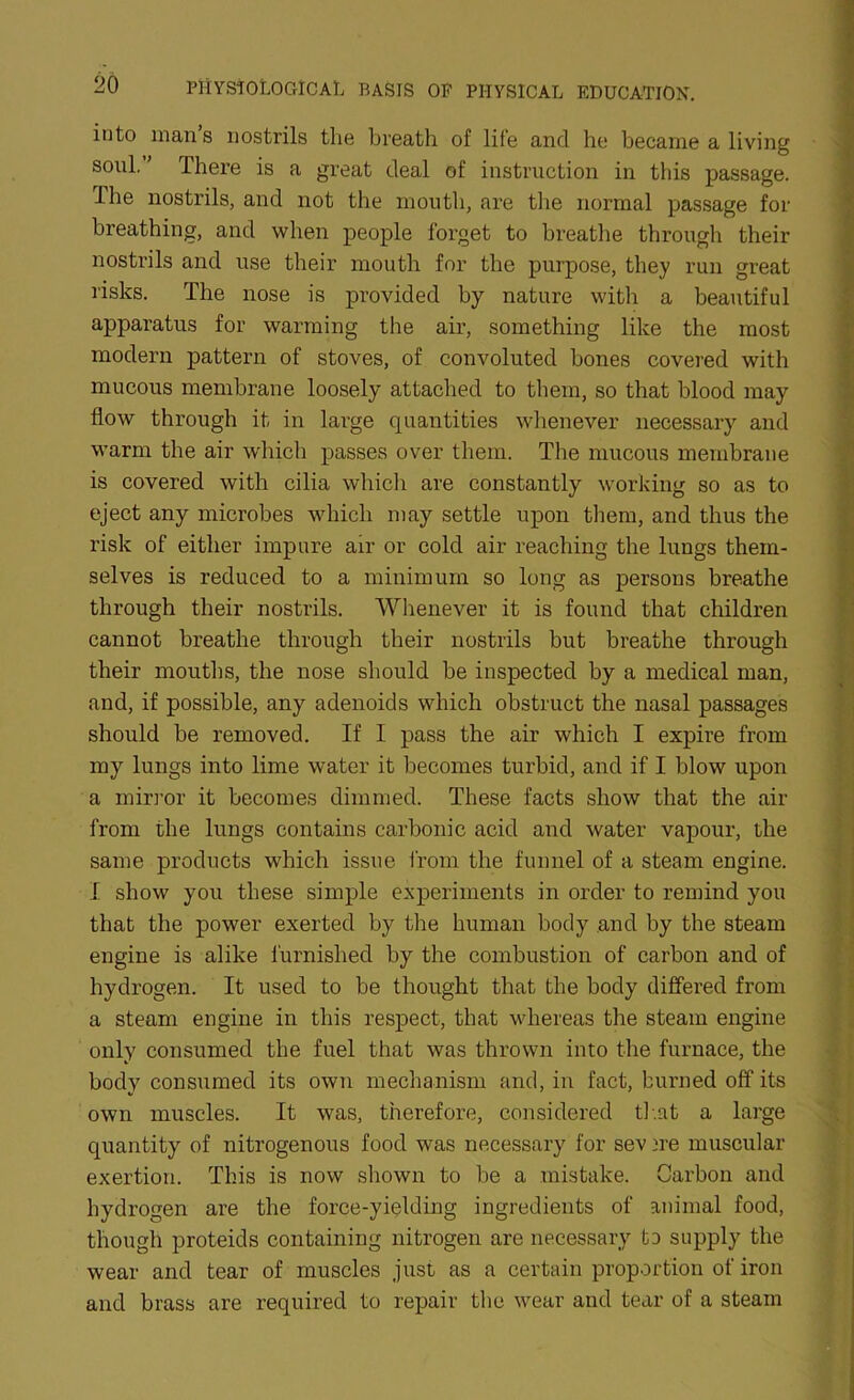 into mans nostrils the breath of life and he became a living soul.” There is a great deal of instruction in this passage, ihe nostrils, and not the mouth, are the normal passage for breathing, and when people forget to breathe through their nostrils and use their mouth for the purpose, they run great risks. The nose is provided by nature with a beautiful apparatus for warming the air, something like the most modern pattern of stoves, of convoluted bones covered with mucous membrane loosely attached to them, so that blood may flow through it in large quantities whenever necessary and warm the air which passes over them. The mucous membrane is covered with cilia which are constantly working so as to eject any microbes which may settle upon them, and thus the risk of either impure air or cold air reaching the lungs them- selves is reduced to a minimum so long as persons breathe through their nostrils. Whenever it is found that children cannot breathe through their nostrils but breathe through their mouths, the nose should be inspected by a medical man, and, if possible, any adenoids which obstruct the nasal passages should be removed. If I pass the air which I expire from my lungs into lime water it becomes turbid, and if I blow upon a mirror it becomes dimmed. These facts show that the air from the lungs contains carbonic acid and water vapour, the same products which issue from the funnel of a steam engine. I show you these simple experiments in order to remind you that the power exerted by the human body and by the steam engine is alike furnished by the combustion of carbon and of hydrogen. It used to be thought that the body differed from a steam engine in this respect, that whereas the steam engine only consumed the fuel that was thrown into the furnace, the body consumed its own mechanism and, in fact, burned off its own muscles. It was, therefore, considered that a large quantity of nitrogenous food was necessary for sev ire muscular exertion. This is now shown to be a mistake. Carbon and hydrogen are the force-yielding ingredients of animal food, though proteids containing nitrogen are necessary to supply the wear and tear of muscles just as a certain proportion of iron and brass are required to repair the wear and tear of a steam