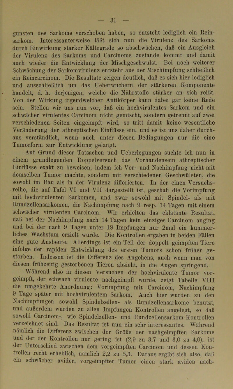 gunsten des Sarkoms verschoben haben, so entsteht lediglich ein Rein- sarkom. Interessanterweise läßt sich nun die Virulenz des Sarkoms durch Einwirkung starker Kältegrade so abschwächen, daß ein Ausgleich der Virulenz des Sarkoms und Carcinoms zustande kommt und damit auch wieder die Entwicklung der Mischgeschwulst. Bei noch weiterer Schwächung der Sarkomvirulenz entsteht aus der Mischimpfung schließlich ein Reincarcinom. Die Resultate zeigen deutlich, daß es sich hier lediglich und ausschließlich um das Ueberwuchern der stärkeren Komponente handelt, d. h. derjenigen, welche die Nährstoffe stärker an sich reißt. Von der Wirkung irgendwelcher Antikörper kann dabei gar keine Rede sein. Stellen wir uns nun vor, daß ein hochvirulentes Sarkom und ein schwächer virulentes Carcinom nicht gemischt, sondern getrennt auf zwei verschiedenen Seiten eingeimpft wird, so tritt damit keine wesentliche Veränderung der athreptischen Einflüsse ein, und es ist uns daher durch- aus verständlich, wenn auch unter diesen Bedingungen nur die eine Tumorform zur Entwicklung gelangt. Auf Grund dieser Tatsachen und Ueberlegungen suchte ich nun in einem grundlegenden Doppelversuch das Vorhandensein athreptischer Einflüsse exakt zu beweisen, indem ich Vor- und Nachimpfung nicht mit demselben Tumor machte, sondern mit verschiedenen Geschwülsten, die sowohl im Bau als in der Virulenz differierten. In der einen Versuchs- reihe, die auf Tafel VI und VII dargestellt ist, geschah die Vorimpfung mit hochvirulenten Sarkomen, und zwar sowohl mit Spindel- als mit Rundzellensarkomen, die Nachimpfung nach 9 resp. 14 Tagen mit einem schwächer virulenten Carcinom. Wir erhielten das eklatante Resultat, daß bei der Nachimpfung nach 14 Tagen kein einziges Carcinom an ging und bei der nach 9 Tagen unter 18 Impfungen nur 2mal ein kümmer- liches Wachstum erzielt wurde. Die Kontrollen ergaben in beiden Fällen eine gute Ausbeute. Allerdings ist ein Teil der doppelt geimpften Tiere infolge der rapiden Entwicklung des ersten Tumors schon früher ge- storben. Indessen ist die Differenz des Angehens, auch wenn man von diesen frühzeitig gestorbenen Tieren absieht, in die Augen springend. Während also in diesen Versuchen der hochvirulente Tumor vor- geimpft, der schwach virulente nachgeimpft wurde, zeigt Tabelle VIII die umgekehrte Anordnung: Vorimpfung mit Carcinom, Nachimpfung 9 Tage später mit hochvirulentem Sarkom. Auch hier wurden zu den Nachimpfungen sowohl Spindelzellen- als Rundzellensarkome benutzt, und außerdem wurden zu allen Impfungen Kontrollen angelegt, so daß sowohl Carcinom-, wie Spindelzellen- und Rundzellensarkom-Kontrollen verzeichnet sind. Das Resultat ist nun ein sehr interessantes. Während nämlich die Differenz zwischen der Größe der nachgeimpften Sarkome und der der Kontrollen nur gering ist (2,9 zu 3,7 und 3,0 zu 4,0), ist der Unterschied zwischen dem vorgeimpften Carcinom und dessen Kon- trollen recht erheblich, nämlich 2,2 zu 5,3. Daraus ergibt sich also, daß ein schwächer avider, vorgeimpfter Tumor einen stark aviden nach-