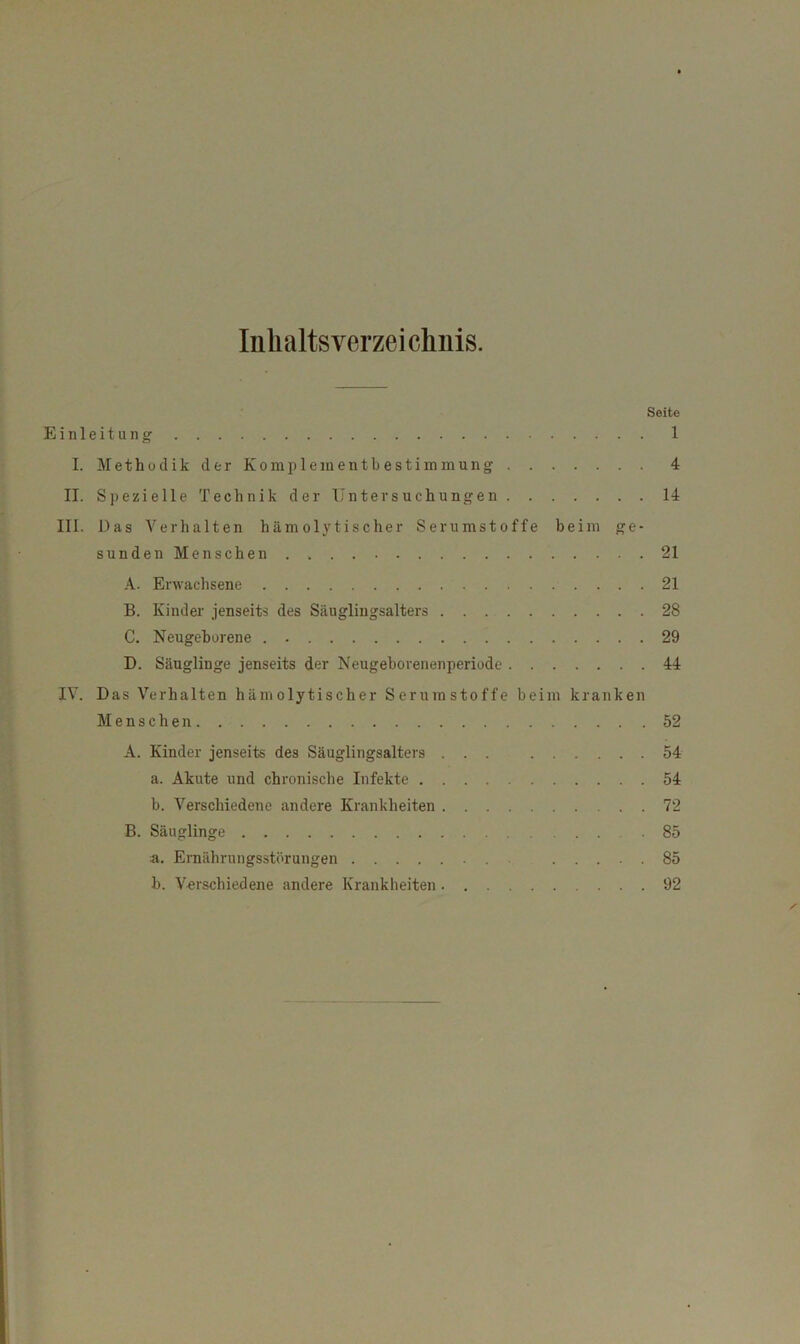 Inhaltsverzeichnis. Seite Einleitung 1 I. Methodik der Korapleinentbestimmung 4 II. Spezielle Technik der Untersuchungen 14 III. Das Verhalten hämolytischer Serumstoffe beim ge* sundenMen sehen 21 A. Erwachsene 21 B. Kinder jenseits des Säuglingsalters 28 C. Neugeborene 29 D. Säuglinge jenseits der Neugeborenenperiode 44 IV. Das Verhalten hämolytischer Serurastoffe beim kranken Menschen 52 A. Kinder jenseits des Säuglingsalters ... 54 a. Akute und chronische Infekte 54 b. Verschiedene andere Krankheiten 72 B. Säuglinge 85 a, Eniährungsstörungen 85 b. Verschiedene andere Krankheiten 92