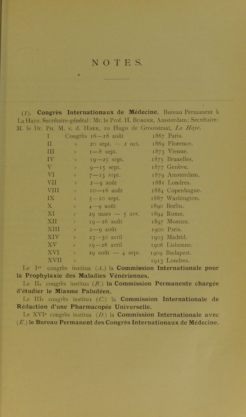 NOTE S. (/). Congrès Internationaux de Médecine. Bureau Permanent à La Haye. Secrétaire-général: Mr. le Prof. II. Burger, Amsterdam; Secrétaire: Ph. M. V. d. PIaer, 10 Hugo de Grootstraat, La Haye. I Congrès 16 — 28 août 1867 Paris. II 20 sept. — 2 oct. 1869 Florence. III » 1—8 sept. 1873 Vienne. IV » 19—25 sept. 1875 Bruxelles. V » 9—15 sept. 1877 Genève. VI » 7—13 sept. 1879 Amsterdam, VII » 2 — 9 août 1881 Londres. VIII » 10—16 août 1884 Copenhague. IX » 5 — 10 sept. 1887 Washington. X » 4—9 août 1890 Berlin. XI » 29 mars — 5 avr. 1894 Rome. XII » 19 — 26 août 1897 Moscou. XIII y> 2—9 août 1900 Paris. XIV » 23—3° avril 1903 Madrid. XV » 19—26 avril 1906 Lisbonne. XVI » 29 août — 4 sept. 1909 Budapest. XVII » 1913 Londres. Le Ier congrès institua (A.) la Commission Internationale pour la Prophylaxie des Maladies Vénériennes. Le Ile congrès institua (B.) la Commission Permanente chargée d’étudier le Miasme Paludéen. Le IIle congrès institua (C.) la Commission Internationale de Rédaction d’une Pharmacopée Universelle. Le XVIe congrès institua {/).) la Commission Internationale avec (A'.) le Bureau Permanent des Congrès Internationaux de Médecine.