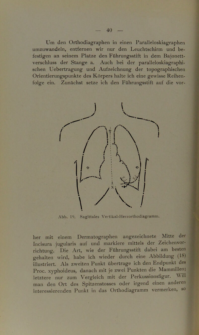 Um den Orthodiagraphen in einen Paralleloskiagraphen umzuwandeln, entfernen wir nur den Leuchtschirm und be- festigen an seinem Platze den Führungsstift in dem Bajonett- verschluss der Stange a. Auch bei der paralleloskiagraphi- schen Uebertragung und Aufzeichnung der topographischen Orientierungspunkte des Körpers halte ich eine gewisse Reihen- folge ein. Zunächst setze ich den Führungsstift auf die vor- Abb. 19. Sagittales Vertikal-Herzorthodiagramm. her mit einem Dermatographen angezeichnete Mitte der Incisura jugularis auf und markiere mittels der Zeichenvor- richtung. Die Art, wie der Führungsstift dabei am besten gehalten wird, habe ich wieder durch eine Abbildung (PS) illustriert. Als zweiten Punkt übertrage ich den Endpunkt des Proc. xyphoideus, danach mit je zwei Punkten die Mammillen; letztere nur zum Vergleich mit der Perkussionsfigur. V ill man den Ort des Spitzenstosses oder irgend einen anderen interessierenden Punkt in das Orthodiagramm vermerken, so