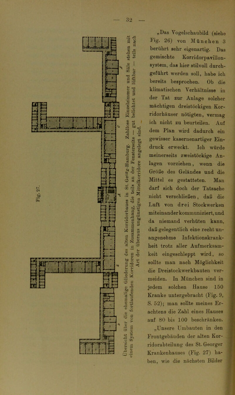 „Das Vogelschaubild (siehe Fig. 26) von München 3 berührt sehr eigenartig. Das gemischte Korridorpavillon- system, das hier stilvoll durch- geführt werden soll, habe ich bereits besprochen. Ob die klimatischen Verhältnisse in der Tat zur Anlage solcher mächtigen dreistöckigen Kor- ridorhäuser nötigten, vermag ich nicht zu beurteilen. Auf dem Plan wird dadurch ein gewisser kasernenartiger Ein- druck erweckt. Ich würde meinerseits zweistöckige An- lagen vorziehen, wenn die Größe des Geländes und die Mittel es gestatteten. Man darf sich doch der Tatsache nicht verschließen, daß die Luft von drei Stockwerken miteinander kommuniziert, und da niemand verhüten kann, daß gelegentlich eine recht un- angenehme Infektionskrank- heit trotz aller Aufmerksam- keit eingeschleppt wird, so sollte man nach Möglichkeit die Dreistockwerkbauten ver- meiden. In München sind in jedem solchen Hause 150 Kranke untergebracht (Fig. 9, S. 52); man sollte meines Er- achtens die Zahl eines Hauses auf 80 bis 100 beschränken. „Unsere Umbauten in den Frontgebäuden der alten Kor- ridorabteilung des St. Georger Krankenhauses (Fig. 27) ha- ben, wie die nächsten Bilder