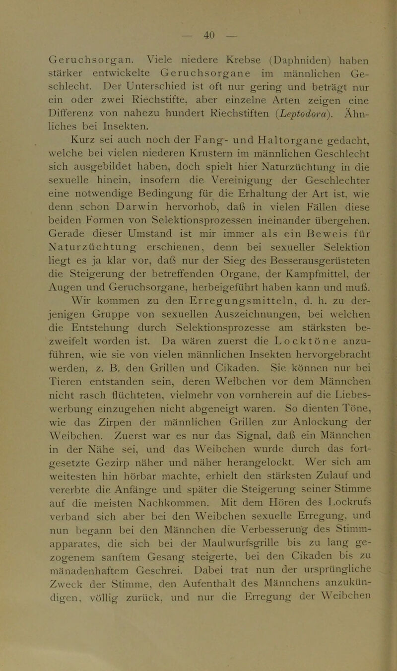 Geruchs organ. Viele niedere Krebse (Daphniden) haben stärker entwickelte Geruchsorgane im männlichen Ge- schlecht. Der Unterschied ist oft nur gering und beträgt nur ein oder zwei Riechstifte, aber einzelne Arten zeigen eine Differenz von nahezu hundert Riechstiften (Leptoclora). Ähn- liches bei Insekten. Kurz sei auch noch der Fang*- und Haltorgane gedacht, welche bei vielen niederen Krustern im männlichen Geschlecht sich ausgebildet haben, doch spielt hier Naturzüchtung in die sexuelle hinein, insofern die Vereinigung der Geschlechter eine notwendige Bedingung für die Erhaltung der Art ist. wie denn schon Darwin hervorhob, daß in vielen Fällen diese beiden Formen von Selektionsprozessen ineinander übergehen. Gerade dieser Umstand ist mir immer als ein Beweis für Naturzüchtung erschienen, denn bei sexueller Selektion liegt es ja klar vor, daß nur der Sieg des Besserausgerüsteten die Steigerung der betreffenden Organe, der Kampfmittel, der Augen und Geruchsorgane, herbeigeführt haben kann und muß. Wir kommen zu den Erregungsmitteln, d. h. zu der- jenigen Gruppe von sexuellen Auszeichnungen, bei welchen die Entstehung durch Selektionsprozesse am stärksten be- zweifelt worden ist. Da wären zuerst die Lock töne anzu- führen, wie sie von vielen männlichen Insekten hervorgebracht werden, z. B. den Grillen und Cikaden. Sie können nur bei Tieren entstanden sein, deren Weibchen vor dem Männchen nicht rasch flüchteten, vielmehr von vornherein auf die Liebes- werbung einzugehen nicht abgeneigt waren. So dienten Töne, wie das Zirpen der männlichen Grillen zur Anlockung der Weibchen. Zuerst war es nur das Signal, daß ein Männchen in der Nähe sei, und das Weibchen wurde durch das fort- gesetzte Gezirp näher und näher herangelockt. Wer sich am weitesten hin hörbar machte, erhielt den stärksten Zulauf und vererbte die Anfänge und später die Steigerung seiner Stimme auf die meisten Nachkommen. Mit dem Hören des Lockrufs verband sich aber bei den Weibchen sexuelle Erregung, und nun begann bei den Männchen die Verbesserung des Stimm- apparates, die sich bei der Maulwurfsgrille bis zu lang ge- zogenem sanftem Gesang steigerte, bei den Cikaden bis zu mänadenhaftem Geschrei. Dabei trat nun der ursprüngliche Zweck der Stimme, den Aufenthalt des Männchens anzukün- digen, völlig zurück, und nur die Erregung der Weibchen //