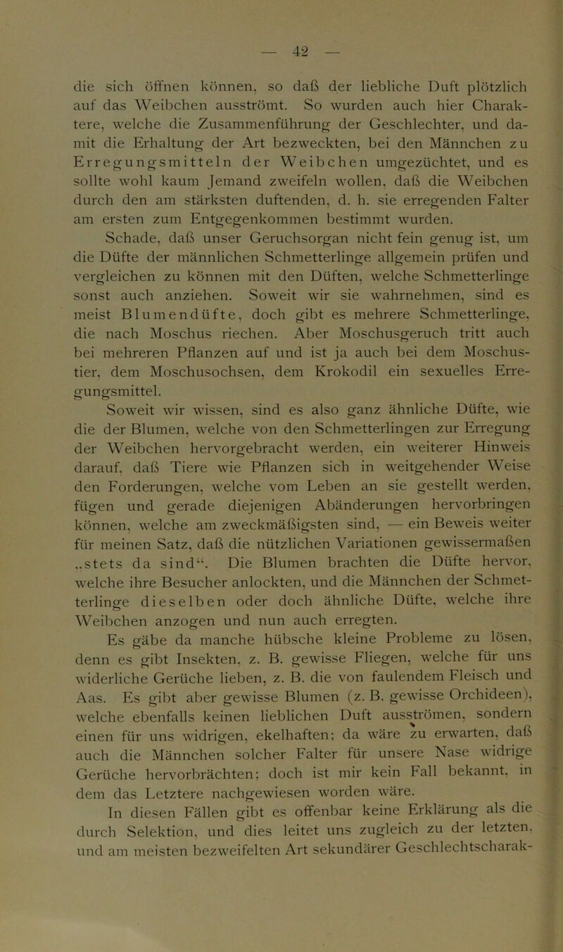 die sich öffnen können, so daß der liebliche Duft plötzlich auf das Weibchen ausströmt. So wurden auch hier Charak- tere, welche die Zusammenführung der Geschlechter, und da- mit die Erhaltung der Art bezweckten, bei den Männchen zu Erregungsmitteln der Weibchen umgezüchtet, und es sollte wohl kaum Jemand zweifeln wollen, daß die Weibchen durch den am stärksten duftenden, d. h. sie erregenden Falter am ersten zum Entgegenkommen bestimmt wurden. Schade, daß unser Geruchsorgan nicht fein genug ist, um die Düfte der männlichen Schmetterlinge allgemein prüfen und vergleichen zu können mit den Düften, welche Schmetterlinge sonst auch anziehen. Soweit wir sie wahrnehmen, sind es meist Blumendüfte, doch gibt es mehrere Schmetterlinge, die nach Moschus riechen. Aber Moschusgeruch tritt auch bei mehreren Pflanzen auf und ist ja auch bei dem Moschus- tier, dem Moschusochsen, dem Krokodil ein sexuelles Erre- gungsmittel. Soweit wir wissen, sind es also ganz ähnliche Düfte, wie die der Blumen, welche von den Schmetterlingen zur Erregung der Weibchen hervorgebracht werden, ein weiterer Hinweis darauf, daß Tiere wie Pflanzen sich in weitgehender Weise den Forderungen, welche vom Leben an sie gestellt werden, fügen und gerade diejenigen Abänderungen hervorbringen können, welche am zweckmäßigsten sind, — ein Beweis weiter für meinen Satz, daß die nützlichen Variationen gewissermaßen ..stets da sind“. Die Blumen brachten die Düfte hervor, welche ihre Besucher anlockten, und die Männchen der Schmet- terlinge dieselben oder doch ähnliche Düfte, welche ihre Weibchen anzogen und nun auch erregten. Es gäbe da manche hübsche kleine Probleme zu lösen, denn es gibt Insekten, z. B. gewisse Fliegen, welche für uns widerliche Gerüche lieben, z. B. die von faulendem Fleisch und Aas. Es gibt aber gewisse Blumen (z. B. gewisse Orchideen), welche ebenfalls keinen lieblichen Duft ausströmen, sondern einen für uns widrigen, ekelhaften; da wäre zu erwarten, daß auch die Männchen solcher Falter für unsere Nase widrige Gerüche hervorbrächten; doch ist mir kein Fall bekannt, in dem das Letztere nachgewiesen worden wäre. In diesen Fällen gibt es offenbar keine Erklärung als die durch Selektion, und dies leitet uns zugleich zu der letzten, und am meisten bezweifelten Art sekundärer Geschlechtscharak-