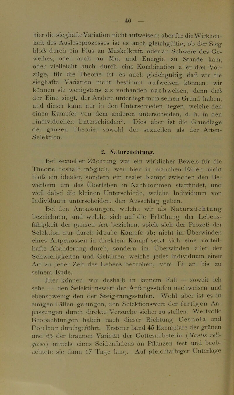 hier die sieghafte Variation nicht aufweisen; aber für die Wirklich- keit des Ausleseprozesses ist es auch gleichgültig, ob der Sieg- bloß durch ein Plus an Muskelkraft, oder an Schwere des Ge- weihes, oder auch an Mut und Energie zu Stande kam, oder vielleicht auch durch eine Kombination aller drei Vor- züge, für die Theorie ist es auch gleichgültig, daß wir die sieghafte Variation nicht bestimmt aufweisen können; wir können sie wenigstens als vorhanden nach weisen, denn daß der Eine siegt, der Andere unterliegt muß seinen Grund haben, und dieser kann nur in den Unterschieden liegen, welche den einen Kämpfer von dem anderen unterscheiden, d. h. in den „individuellen Unterschieden“. Dies aber ist die Grundlage der ganzen Theorie, sowohl der sexuellen als der Arten- Selektion. 2. Naturzüchtung. Bei sexueller Züchtung war ein wirklicher Beweis für die Theorie deshalb möglich, weil hier in manchen Fällen nicht bloß ein idealer, sondern ein realer Kampf zwischen den Be- werbern um das Überleben in Nachkommen stattfindet, und weil dabei die kleinen Unterschiede, welche Individuum von Individuum unterscheiden, den Ausschlag geben. Bei den Anpassungen, welche wir als Naturzüchtung bezeichnen, und welche sich auf die Erhöhung der Lebens- fähigkeit der ganzen Art beziehen, spielt sich der Prozeß der Selektion nur durch ideale Kämpfe ab; nicht im Überwinden eines Artgenossen in direktem Kampf setzt sich eine vorteil- hafte Abänderung durch, sondern im Überwinden aller der Schwierigkeiten und Gefahren, welche jedes Individuum einer Art zu jeder Zeit des Lebens bedrohen, vom Ei an bis zu seinem Ende. Hier können wir deshalb in keinem Fall — soweit ich sehe — den Selektionswert der Anfangsstufen nachweisen und ebensowenig den der Steigerungsstufen. Wohl aber ist es in einigen Fällen gelungen, den Selektionswert der fertigen An- passungen durch direkte Versuche sicher zu stellen. Wertvolle Beobachtungen haben nach dieser Richtung Cesnola und Po ul ton durchgeführt. Ersterer band 45 Exemplare der grünen und 65 der braunen Varietät der Gottesanbeterin (Mantis reli- gi.osa) mittels eines Seidenfadens an Pflanzen fest und beob- achtete sie dann 17 Tage lang. Auf gleichfarbiger LTnterlage