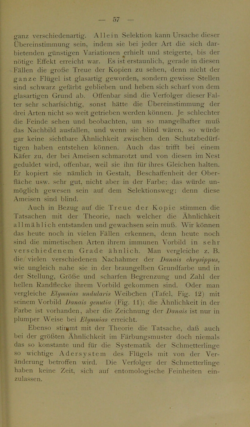 o-anz verschiedenartig. Allein Selektion kann Ursache dieser Übereinstimmung sein, indem sie bei jeder Art die sich dar- bietenden günstigen Variationen erhielt und steigerte, bis der nötige Effekt erreicht war. Es ist erstaunlich, gerade in diesen Fällen die große Treue der Kopien zu sehen, denn nicht der ganze Flügel ist glasartig geworden, sondern gewisse Stellen sind schwarz gefärbt geblieben und heben sich scharf von dem glasartigen Grund ab. Offenbar sind die Verfolger dieser Fal- ter sehr scharfsichtig, sonst hätte die Übereinstimmung der drei Arten nicht so weit getrieben werden können. Je schlechter die Feinde sehen und beobachten, um so mangelhafter muß das Nachbild ausfallen, und wenn sie blind wären, so würde gar keine sichtbare Ähnlichkeit zwischen den Schutzbedürf- ticren haben entstehen können. Auch das trifft bei einem o Käfer zu, der bei Ameisen schmarotzt und von diesen im Nest geduldet wird, offenbar, weil sie ihn für ihres Gleichen halten. Er kopiert sie nämlich in Gestalt, Beschaffenheit der Ober- fläche usw. sehr gut, nicht aber in der Farbe; das würde un- möglich gewesen sein auf dem Selektionsweg; denn diese Ameisen sind blind. Auch in Bezug auf die Treue der Kopie stimmen die Tatsachen mit der Theorie, nach welcher die Ähnlichkeit allmählich entstanden und gewachsen sein muß. Wir können das heute noch in vielen Fällen erkennen, denn heute noch sind die mimetischen Arten ihrem immunen Vorbild in sehr verschiedenem Grade ähnlich. Man vergleiche z. B. die vielen verschiedenen Nachahmer der Danais chrysijjpus, wie ungleich nahe sie in der braungelben Grundfarbe und in der Stellung, Größe und scharfen Begrenzung und Zahl der hellen Randflecke ihrem Vorbild gekommen sind. Oder man vergleiche Elijrnnias undularis Weibchen (Tafel, Fig. 12) mit seinem Vorbild Danais genutia (Fig. 11); die Ähnlichkeit in der Farbe ist vorhanden, aber die Zeichnung der Danais ist nur in plumper Weise bei Elymnias erreicht. Ebenso stimmt mit der Theorie die Tatsache, daß auch bei der größten Ähnlichkeit im Färbungsmuster doch niemals das so konstante und für die Systematik der Schmetterlinge so wichtige Adersystem des Flügels mit von der Ver- änderung betroffen wird. Die Verfolger der Schmetterlinge haben keine Zeit, sich auf entomologische Feinheiten ein- zulassen.