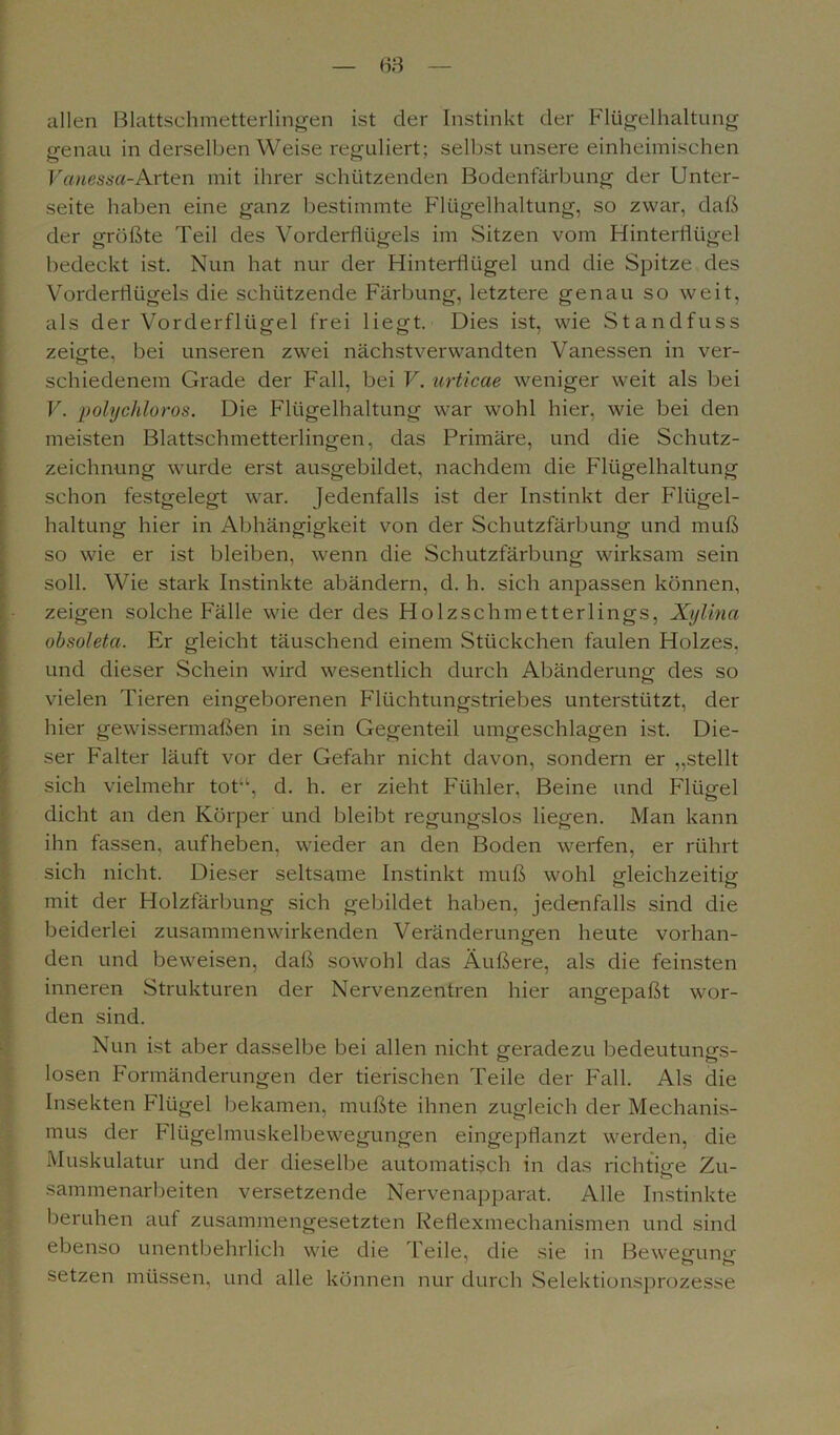 allen Blattschmetterlingen ist der Instinkt der Flügelhaltung genau in derselben Weise reguliert; selbst unsere einheimischen Vanessa-Arten mit ihrer schützenden Bodenfärbung der Unter- seite haben eine ganz bestimmte Flügelhaltung, so zwar, daß der größte Teil des Vordertlügels im Sitzen vom Hinterflügel bedeckt ist. Nun hat nur der Hinterflügel und die Spitze des Vorderflügels die schützende Färbung, letztere genau so weit, als der Vorderflügel frei liegt. Dies ist, wie Standfuss zeigte, bei unseren zwei nächstverwandten Vanessen in ver- schiedenem Grade der Fall, bei V. urticae weniger weit als bei V. polychloros. Die Flügelhaltung war wohl hier, wie bei den meisten Blattschmetterlingen, das Primäre, und die Schutz- zeichnung wurde erst ausgebildet, nachdem die Flügelhaltung schon festgelegt war. Jedenfalls ist der Instinkt der Flügel- haltung hier in Abhängigkeit von der Schutzfärbung und muß so wie er ist bleiben, wenn die Schutzfärbung wirksam sein soll. Wie stark Instinkte abändern, d. h. sich anpassen können, zeigen solche Fälle wie der des Holzschmetterlings, Xijlina obsoleta. Er gleicht täuschend einem Stückchen faulen Holzes, und dieser Schein wird wesentlich durch Abänderung des so vielen Tieren eingeborenen Flüchtungstriebes unterstützt, der hier gewissermaßen in sein Gegenteil umgeschlagen ist. Die- ser Falter läuft vor der Gefahr nicht davon, sondern er „stellt sich vielmehr tot“, d. h. er zieht Fühler, Beine und Flügel dicht an den Körper und bleibt regungslos liegen. Man kann ihn fassen, aufheben, wieder an den Boden werfen, er rührt sich nicht. Dieser seltsame Instinkt muß wohl gleichzeitig mit der Holzfärbung sich gebildet haben, jedenfalls sind die beiderlei zusammenwirkenden Veränderungen heute vorhan- den und beweisen, daß sowohl das Äußere, als die feinsten inneren Strukturen der Nervenzentren hier angepaßt wor- den sind. Nun ist aber dasselbe bei allen nicht geradezu bedeutungs- losen Formänderungen der tierischen Teile der Fall. Als die Insekten Flügel bekamen, mußte ihnen zugleich der Mechanis- mus der Flügelmuskelbewegungen eingepflanzt werden, die Muskulatur und der dieselbe automatisch in das richtige Zu- o sammenarbeiten versetzende Nervenapparat. Alle Instinkte beruhen auf zusammengesetzten Reflexmechanismen und sind ebenso unentbehrlich wie die Teile, die sie in Bewesfunpf setzen müssen, und alle können nur durch Selektionsprozesse