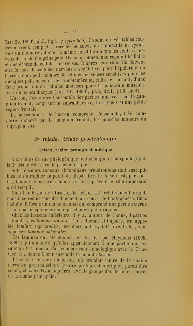 Fasc.20,1899*, pl.3, (ig.l, g.symp.labi). Ce sont de véritables cen- tres nerveux complets, précédés et suivis de connectifs et ayant, sous un moindre volume, la môme constitution que les centres ner- veux de la chaîne principale. Ils comprennent une région fibrillaire et une écorce de cellules nerveuses. D’après leur rôle, ils doivent être formés de cellules nerveuses végétatives pour l’épiderme de l’acron, d’un petit nombre de cellules nerveuses sensitives pour les quelques poils sensitifs de ce métamère et, enfin, et surtout, d une forte proportion de cellules motrices pour la puissante muscula- ture du suprapharynx (Fasc 21, 1899’, pl.5, üg.l, pl.3, fig.l). L’acron, c’est-à-dire l’ensemble des parties innervées par le gan- glion frontal, comprend le suprapharynx, le clypéus et une petite région frontale. La musculature de l’acron comprend l’ensemble, très com- plexe, innervé par le ganglion frontal, des muscles moteurs du suprapharynx. 2* triade, triade proctentérique Telson, région protoproctentérique Aux points de vue phylogénique, ontogénique et morphologique, la 2* triade est la triade proctentérique. Si les derniers anneaux abdominaux prételsoniens sont suscepti- bles de s’atrophier au point de disparaître, le telson est, par con- tre, toujours conservé, comme le laisse prévoir le rôle important qu’il remplit. Chez l’embryon de l’Insecte, le telson est relativement grand, mais il se réduit considérablement au cours de l’ontogénèse. Chez l’adulte, il forme un mamelon anal qui comprend une partie externe et une partie sphinctérienne proctentérique invaginée. Chez les Insectes inférieurs, il y a, autour de l’anus, 3 parties saillantes, les laminae anales. L’une, dorsale et impaire, est appe- lée lamina supraanalis; les deux autres, latéro-ventrales, sont appelées laminae subanales. Ces laminae ont été étudiées et décrites par Heymons (1895, 1896 qui a montré qu’elles appartiennent à une partie qui fait suite au 11* anneau. Par comparaison homologique avec le Crus- tacé, il a donné à leur ensemble le nom de telson. Le centre nerveux du telson, où premier centre de la chaîne nerveuse proctentérique (centre protoproctentérique), parait être soudé, chez les Hyménoptères, avec le groupe des derniers centres de la chaîne principale.