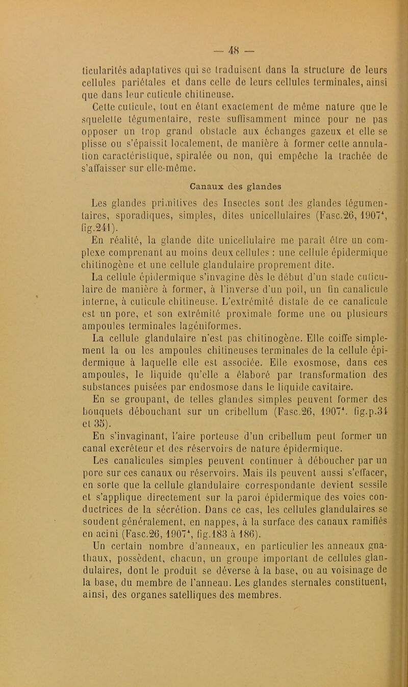 liciilarilés adaplalivcs qui se Iraduiscnl dans la structure de leurs cellules pariétales et dans celle de leurs cellules terminales, ainsi que dans leur cuticule cliitineuse. Cette cuticule, tout en ôtant exactement de môme nature que le squelette tégumenlaire, reste sullisamment mince pour ne pas opposer un trop grand obstacle aux échanges gazeux et elle se plisse ou s’épaissit localement, de manière à former cette annula- tion caractéristique, spiralée ou non, qui empêche la trachée de s’affaisser sur elle-même. Canaux des glandes Les glandes primitives des Insectes sont dos glandes tégumen- taires, sporadiques, simples, dites unicollulaires (Fasc.26,1907*, (ig.241 ). En réalité, la glande dite unicellulaire me parait être un com- plexe comprenant au moins deux cellules : une cellule épidermique chitinogène et une cellule glandulaire proprement dite. La cellule épidermique s’invagine dès le début d’un stade culicu- laire de manière à former, à l'inverse d’un poil, un tin canalicule interne, à cuticule cliitineuse. L’extrémité distale de ce canalicule est un pore, et son extrémité proximale forme une ou plusieurs ampoules terminales lagéniformes. La cellule glandulaire n'est pas chitinogène. Elle coiffe simple- ment la ou les ampoules chilineuses terminales de la cellule épi- dermique à laquelle elle est associée. Elle exosmose, dans ces ampoules, le liquide qu’elle a élaboré par transformation des substances puisées par endosmose dans le liquide cavitaire. En se groupant, de telles glandes simples peuvent former des bouquets débouchant sur un cribellum (Fasc.26, 1907*. fig.p.31 et 35). En s’invaginant. Faire porteuse d’un cribellum peut former un canal excréteur et des réservoirs de nature épidermique. Les canalicules simples peuvent continuer à déboucher par un pore sur ces canaux ou réservoirs. Mais ils peuvent aussi s’elTacer, en sorte que la cellule glandulaire correspondante devient sessile et s’applique directement sur la paroi épidermique des voies con- ductrices de la sécrétion. Dans ce cas, les cellules glandulaires se soudent généralement, en nappes, à la surface des canaux ramifiés en acini (Fasc.26, 1907*, fig.183 ci 186). Un certain nombre d’anneaux, en particulier les anneaux gna- Ibaux, possèdent, chacun, un groupe important de cellules glan- dulaires, dont le produit se déverse à la base, ou au voisinage de la base, du membre de l’anneau. Les glandes sternales constituent, ainsi, des organes satelliques des membres.