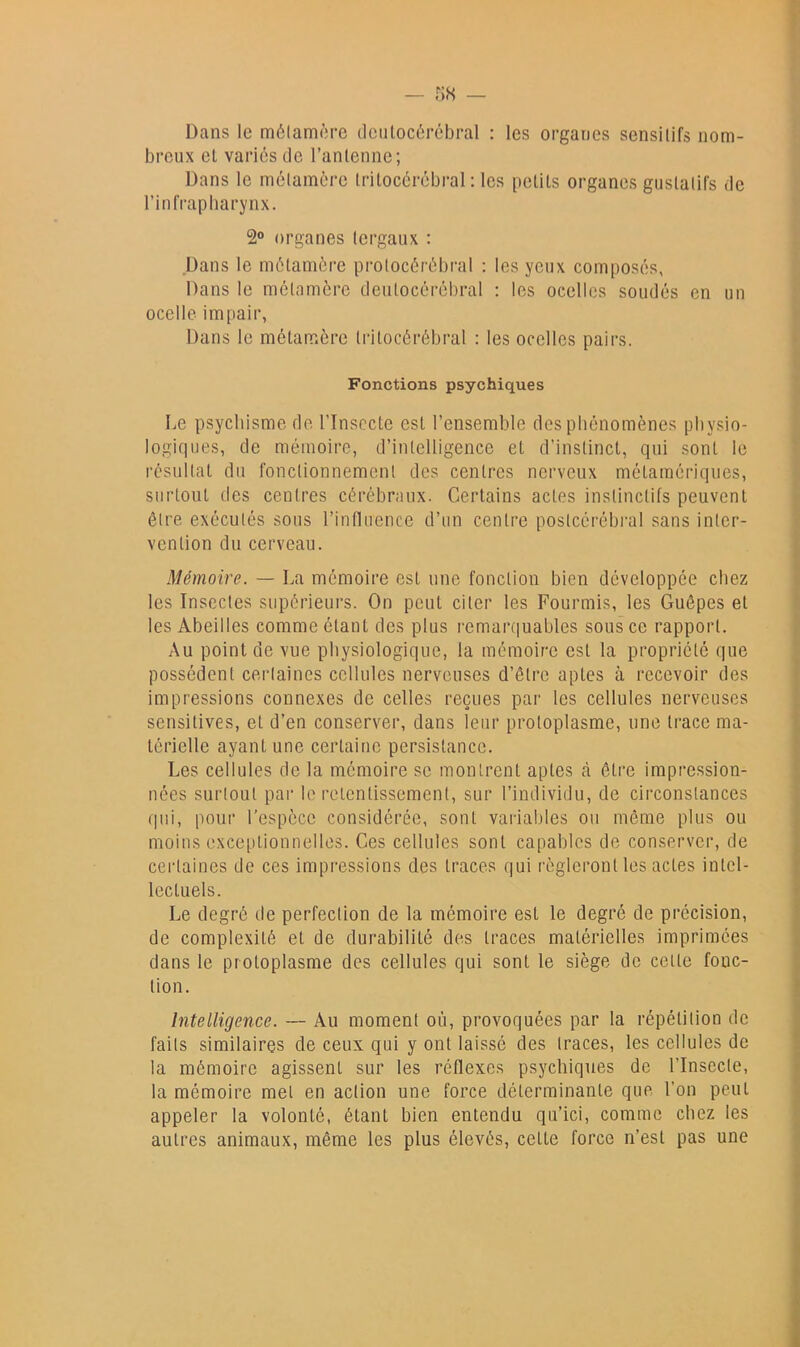 Dans le mélamère tlcnlocérébral : les organes sensitifs nom- breux el variés de l’antenne; Dans le métamère triloccrcbral : les petits organes gustatifs de l’infrapliarynx. 2® organes tergaux : Dans le métamère protocérébral : les yeux composés, Dans le métamcrc deiitocérébral ; les ocelles soudés en un ocelle impair, Dans le métamère tritocérébral : les ocelles pairs. Fonctions psychiques Le psychisme de l’Insecte est l’ensemble des phénomènes physio- logiques, de mémoire, d’intelligence et d’instinct, qui sont le résultat du fonctionnement des centres nerveux métamériqiies, surtout des centres cérébraux. Certains actes instinctifs peuvent être exécutés sous rinfluence d’un centre postcérébi'al sans inter- vention du cerveau. Mémoire. — La mémoire est une fonction bien développée chez les Insectes supérieurs. On peut citer les Fourmis, les Guêpes et les Abeilles comme étant des plus remarquables sous ce rapport. Au point de vue physiologique, la mémoire est la propriété que possèdent certaines cellules nerveuses d’être aptes à recevoir des impressions connexes de celles reçues par les cellules nerveuses sensitives, et d’en conserver, dans leur protoplasme, une trace ma- térielle ayant une certaine persistance. Les cellules de la mémoire se montrent aptes à être impression- nées surtout par le retentissement, sur l’individu, de circonstances (pii, pour l’espèce considérée, sont variables ou même plus ou moins exceptionnelles. Ces cellules sont capables de conserver, de cei'taines de ces impi'essions des traces qui régleront les actes intel- lectuels. Le degré de perfection de la mémoire est le degré de précision, de complexité et de durabilité des traces matérielles imprimées dans le protoplasme des cellules qui sont le siège de cette fonc- tion. Intelligence. — Au moment où, provoquées par la répétition de faits similaires de ceux qui y ont laissé des traces, les cellules de la mémoire agissent sur les réflexes psychiques de l’Insecte, la mémoire met en action une force déterminante que l’on peut appeler la volonté, étant bien entendu qu’ici, comme chez les autres animaux, même les plus élevés, cette force n’est pas une