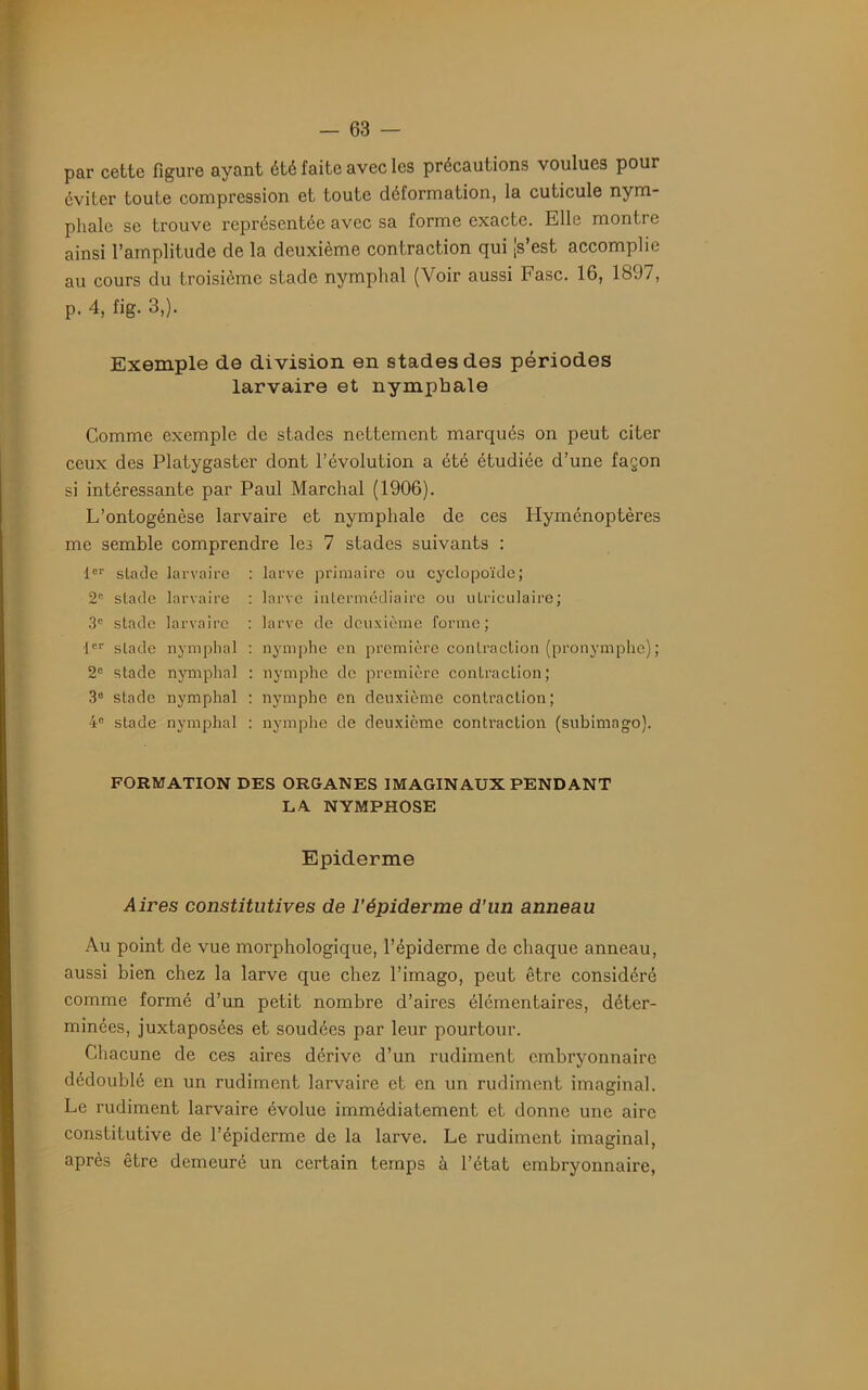 par cette figure ayant été faite avec les précautions voulues pour éviter toute compression et toute déformation, la cuticule nym- phalc se trouve représentée avec sa forme exacte. Elle montre ainsi l’amplitude de la deuxième contraction qui [s’est accomplie au cours du troisième stade nymphal (Voir aussi Fasc. 16, 1897, p. 4, fig. 3,). Exemple de division en stades des périodes larvaire et nymphale Comme exemple de stades nettement marqués on peut citer ceux des Platygaster dont l’évolution a été étudiée d’une façon si intéressante par Paul Marchai (1906). L’ontogénèse larvaire et nymphale de ces Hyménoptères me semble comprendre les 7 stades suivants : 1er stade larvaire : larve primaire ou cyclopoïde; 2e stade larvaire : larve intermédiaire ou utriculaire; 3e stade larvaire : larve de deuxième forme; 1er stade nymphal : nymphe en première contraction (pronymphe); 2e stade nymphal : nymphe de première contraction; 3“ stade nymphal : nymphe en deuxième contraction; 4e stade nymphal : nymphe de deuxième contraction (subimago). FORMATION DES ORGANES IMAGINAUX PENDANT LA. NYMPHOSE Epiderme Aires constitutives de l'épiderme d'un anneau Au point de vue morphologique, l’épiderme de chaque anneau, aussi bien chez la larve que chez l’imago, peut être considéré comme formé d’un petit nombre d’aires élémentaires, déter- minées, juxtaposées et soudées par leur pourtour. Chacune de ces aires dérive d’un rudiment embryonnaire dédoublé en un rudiment larvaire et en un rudiment imaginai. Le rudiment larvaire évolue immédiatement et donne une aire constitutive de l’épiderme de la larve. Le rudiment imaginai, après être demeuré un certain temps à l’état embryonnaire,