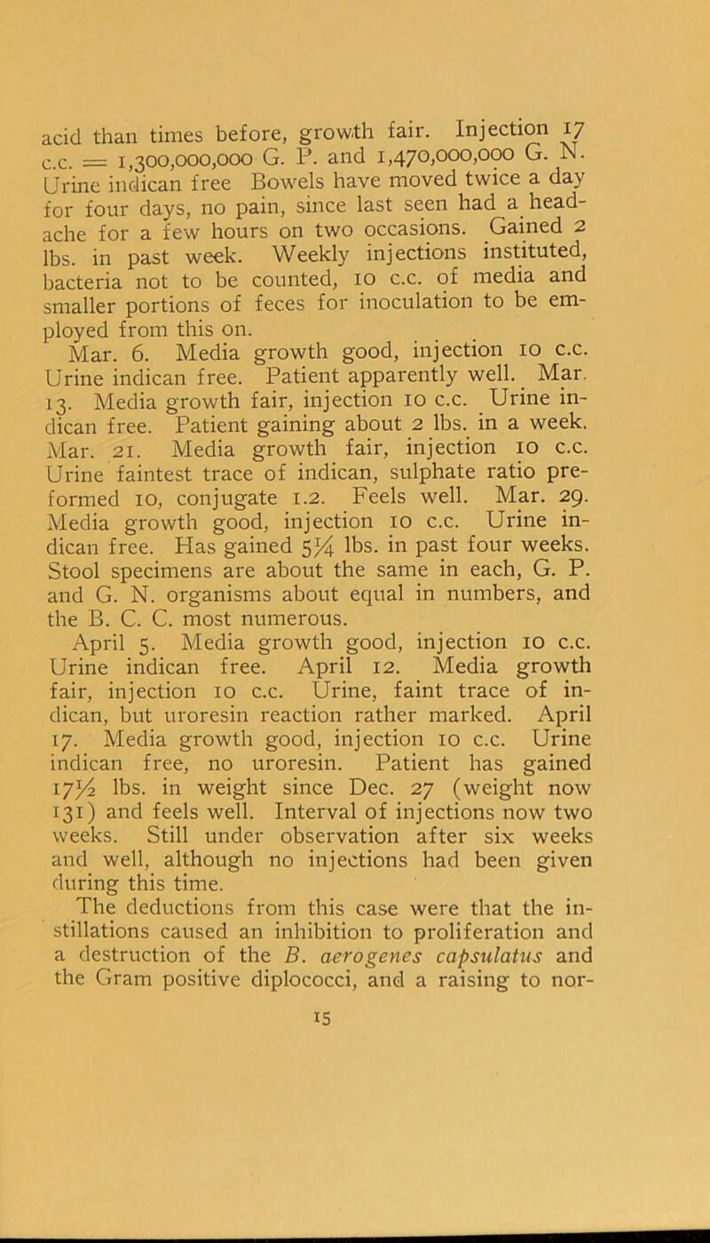 acid than times before, growth fair. Injection 17 c.c. = 1,300,000,000 G. P. and 1,470,000,000 G. N. Urine indican free Bowels have moved twice a da\ for four days, no pain, since last seen had a head- ache for a few hours on two occasions. Gained 2 lbs. in past week. Weekly injections instituted, bacteria not to be counted, 10 c.c. of media and smaller portions of feces for inoculation to be em- ployed from this on. Mar. 6. Media growth good, injection 10 c.c. Urine indican free. Patient apparently well. _ Mar. 13. Media growth fair, injection 10 c.c. Urine in- dican free. Patient gaining about 2 lbs. in a week. Mar. 21. Media growth fair, injection 10 c.c. Urine faintest trace of indican, sulphate ratio pre- formed 10, conjugate 1.2. Feels well. Mar. 29. Media growth good, injection 10 c.c. Urine in- dican free. Has gained SlA lbs. in past four weeks. Stool specimens are about the same in each, G. P. and G. N. organisms about equal in numbers, and the B. C. C. most numerous. April 5. Media growth good, injection 10 c.c. Urine indican free. April 12. Media growth fair, injection 10 c.c. Urine, faint trace of in- dican, but uroresin reaction rather marked. April 17. Media growth good, injection 10 c.c. Urine indican free, no uroresin. Patient has gained 17F2 lbs. in weight since Dec. 27 (weight now 131) and feels well. Interval of injections now two weeks. Still under observation after six weeks and well, although no injections had been given during this time. The deductions from this case were that the in- stillations caused an inhibition to proliferation and a destruction of the B. aerogenes capsulatus and the Gram positive diplococci, and a raising to nor-