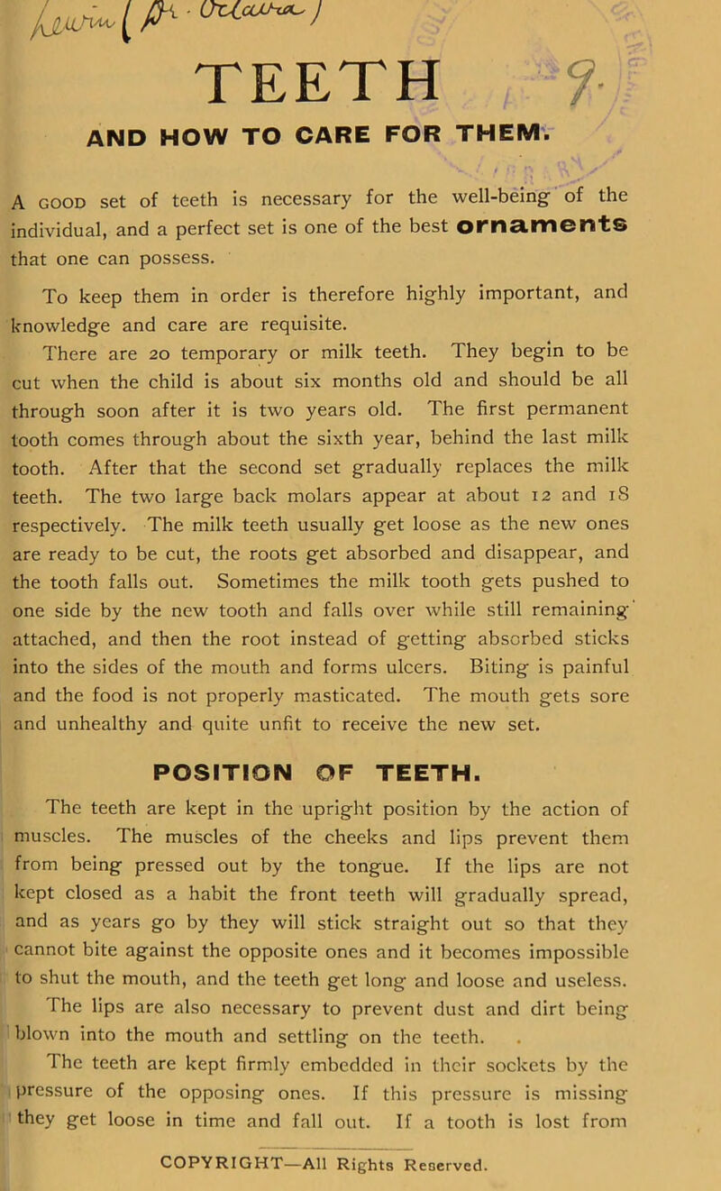 TEETH 7 AND HOW TO CARE FOR THEM'.' , \s, A GOOD set of teeth is necessary for the well-being of the individual, and a perfect set is one of the best oma.lTientS that one can possess. To keep them in order is therefore highly important, and knowledge and care are requisite. There are 20 temporary or milk teeth. They begin to be cut when the child is about six months old and should be all through soon after it is two years old. The first permanent tooth comes through about the sixth year, behind the last milk tooth. After that the second set gradually replaces the milk teeth. The two large back molars appear at about 12 and iS respectively. The milk teeth usually get loose as the new ones are ready to be cut, the roots get absorbed and disappear, and the tooth falls out. Sometimes the milk tooth gets pushed to one side by the new tooth and falls over while still remaining attached, and then the root instead of getting absorbed sticks into the sides of the mouth and forms ulcers. Biting is painful and the food is not properly m.asticated. The mouth gets sore and unhealthy and quite unfit to receive the new set. POSITION OF TEETH. The teeth are kept in the upright position by the action of muscles. The muscles of the cheeks and lips prevent them from being pressed out by the tongue. If the lips are not kept closed as a habit the front teeth will gradually spread, and as years go by they will stick straight out so that they cannot bite against the opposite ones and it becomes impossible to shut the mouth, and the teeth get long and loose and useless. The lips are also necessary to prevent dust and dirt being blown into the mouth and settling on the teeth. The teeth are kept firmly embedded in their sockets by the pressure of the opposing ones. If this pressure is missing they get loose in time and fall out. If a tooth is lost from COPYRIGHT—All Rights Reserved.