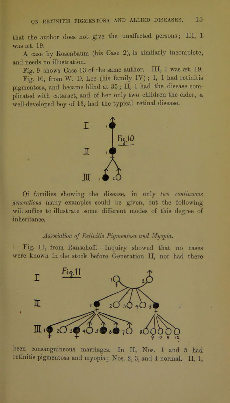 that the author does not give the unaffected persons; III, 1 was aet. 19. A case by Rosenbaum (his Case 2), is similarly incomplete, and needs no illustration. Fig. 9 shows Case 13 of the same author. Ill, 1 was set. 19. Fig. 10, from W. D. Lee (his family IV); I, 1 had retinitis pigmentosa, and became blind at 35; II, 1 had the disease com- plicated with cataract, and of her only two children the elder, a well-developed boy of 13, had the typical retinal disease. Of families showing the disease, in only two conlimious generations many examples could be given, but the following will suffice to illustrate some different modes of this degree of inheritance. Association of Retinitis Pigmentosa and Myopia. Fig. 11, from Ransohoff.—Inquiry showed that no cases were known in the stock before Generation II, nor had there I 3E m been consanguineous marriages. In II, Nos. 1 and 5 had retinitis pigmentosa and myopia; Nos. 2, 3, and 4 normal. II, 1,