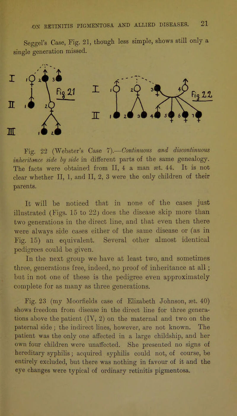 Seggel’s Case, Fig. 21, though less simple, shows still only a single generation missed. Fig. 22 (Webster’s Case 7).—Continuous and discontinuous inheritance side by side in different parts of the same genealogy. The facts were obtained from II, 4 a man set. 44. It is not clear whether II, 1, and II, 2, 3 were the only children of their parents. It will be noticed that in none of the cases just illustrated (Figs. 15 to 22) does the disease skip more than two generations in the direct line, and that even then there were always side cases either of the same disease or (as in Fig. 15) an equivalent. Several other almost identical pedigrees could be given. In the next group we have at least two, and sometimes three, generations free, indeed, no proof of inheritance at all ; but in not one of these is the pedigree even approximately complete for as many as three generations. Fig. 23 (my Moorfields case of Elizabeth Johnson, set. 40) shows freedom from disease in the direct line for three genera- tions above the patient (IV, 2) on the maternal and two on the paternal side ; the indirect lines, however, are not known. The patient was the only one affected in a large childship, and her own four children were unaffected. She presented no signs of hereditary syphilis; acquired syphilis could not, of course, be entirely excluded, but there was nothing in favour of it and the eye changes were typical of ordinary retinitis pigmentosa.