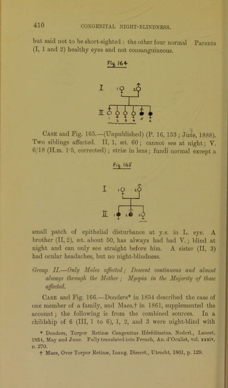 but said not to be short-sighted : the other four normal Parents (I, 1 and 2) healthy eyes and not consanguineous. Case and Fig. 165.—(Unpublished) (P. 16, 153 ; June, 1888). Two siblings affected. II, 1, jet. 60; cannot see at night; V. 6/18 (H.m. 1-5, corrected); strije in lens; fundi normal except a small patch of epithelial disturbance at y.s. in L. eye. A brother (II, 2), set. about 50, has always had bad Y.; blind at night and can only see straight before him. A sister (II, 3) had ocular headaches, but no night-blindness. Group II.—Only Males affected; Descent continuous and. almost always through the Mother ; Myopia in the Majority of those affected. Case and Fig. 166.—Bonders* in 1854 described the case of one member of a family, and Maes,t in 1861, supplemented the account; the following is from the combined sources. In a childship of 6 (III, 1 to 6), 1, 2, and 3 were night-blind with * Donders, Torpor Retinas Congenitus Hdreditarius. Nederl., Lancet, 1851, May and June. Fully translated into French, An. d’Oculist, toI. xxxir, v. 270. f Maes, Over Torpor Retinas, Iuaug. Dissert., Utrecht, 1861, p. 129. 164- fiq. I65~