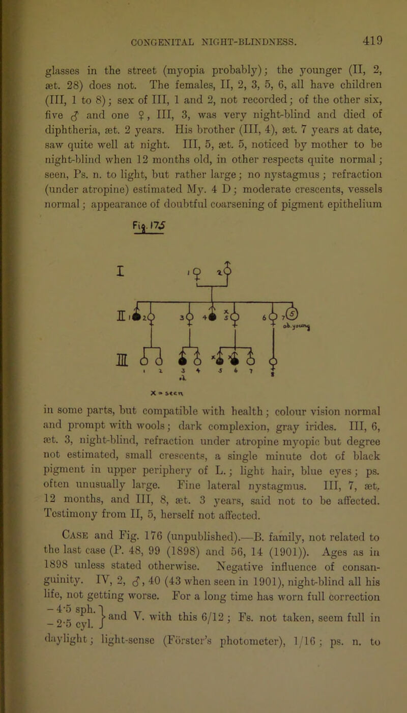 glasses in the street (myopia probably); the younger (II, 2, set. 28) does not. The females, II, 2, 3, 5, 6, all have children (III, 1 to 8); sex of III, 1 and 2, not recorded; of the other six, five and one $, III, 3, was very night-blind and died of diphtheria, set. 2 years. His brother (III, 4), set. 7 years at date, saw quite well at night. Ill, 5, set. 5, noticed by mother to be night-blind when 12 months old, in other respects quite normal; seen, Ps. n. to light, but rather large; no nystagmus; refraction (under atropine) estimated My. 4 D; moderate crescents, vessels normal; appearance of doubtful coarsening of pigment epithelium Ftfi. 17^ X » Steu in some parts, but compatible with health ; colour vision normal and prompt with wools; dark complexion, gray irides. Ill, 6, set. 3, night-blind, refraction under atropine myopic but degree not estimated, small crescents, a single minute dot of black pigment in upper periphery of L.; light hair, blue eyes ; ps. often unusually large. Fine lateral nystagmus. Ill, 7, set. 12 months, and III, 8, set. 3 years, said not to be affected. Testimony from II, 5, herself not affected. Case and Fig. 176 (unpublished).—B. family, not related to the last case (P. 48, 99 (1898) and 56, 14 (1901)). Ages as in 1898 unless stated otherwise. Negative influence of consan- guinity. IY, 2, c?, 40 (43 when seen in 1901), night-blincl all his life, not getting worse. For a long time has worn full correction - 4’5 sph. - 2-5 cyl. daylight; j>and Y. with this 6/12; Fs. not taken, seem full in light-sense (Forster’s photometer), 116; ps. n. to