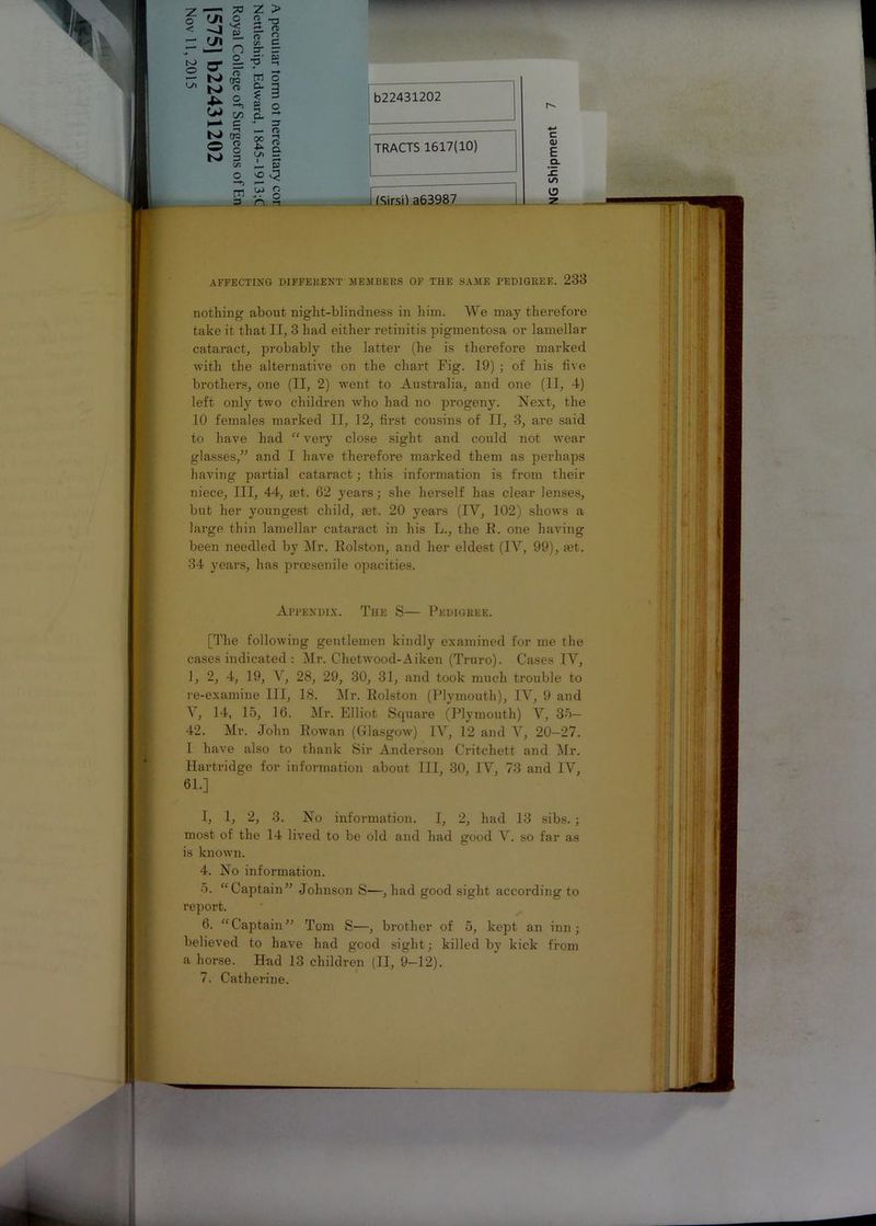 b22431202 C ' =r TRACTS 1617(10) E Q. C Q) o vo C3 ISirsil a63987 i AFFECTING DIFFERENT MEMBERS OF THE SAME PEDIGREE. 233 nothing about night-blindness in him. We may therefore take it that II, 3 had either retinitis pigmentosa or lamellar cataract, probably the latter (he is therefore marked with the alternative on the chart Fig. 19) ; of his live brothers, one (II, 2) went to Australia, and one (11, 4) left only two children who had no progeny. Next, the 10 females marked II, 12, first cousins of II, 3, are said to have had “ very close sight and could not wear glasses,” and I have therefore marked them as perhaps having partial cataract; this information is from their niece, III, 44, set. 62 years; she herself has clear lenses, but her youngest child, set. 20 years (IY, 102) shows a large thin lamellar cataract in his L., the R. one having been needled by Mr. Rolston, and her eldest (IY, 99), mt. 34 years, has proesenile opacities. [The following gentlemen kindly examined for me the cases indicated : Mr. Chetwood-Aiken (Truro). Cases IV, 1, 2, 4, 19, V, 28, 29, 30, 31, and took much trouble to re-examine III, 18. Mr. Rolston (Plymouth), IV, 9 and V, 14, 15, 16. Mr. Elliot Square (Plymouth) V, 35— 42. Mr. John Rowan (Glasgow) IV, 12 and V, 20-27. I have also to thank Sir Anderson Critchett and Mr. Hartridge for information about III, 30, IV, 73 and IV, 61.] I, 1, 2, 3. No information. I, 2, had 13 sibs. ; most of the 14 lived to be old and had good V. so far as is known. 4. No information. 5. “Captain” Johnson S—, had good sight according to report. 6. “Captain” Tom S—, brother of 5, kept an inn; believed to have had good sight; killed by kick from a horse. Had 13 children (II, 9—12). 7. Catherine. Appendix. The S— Pedigree L