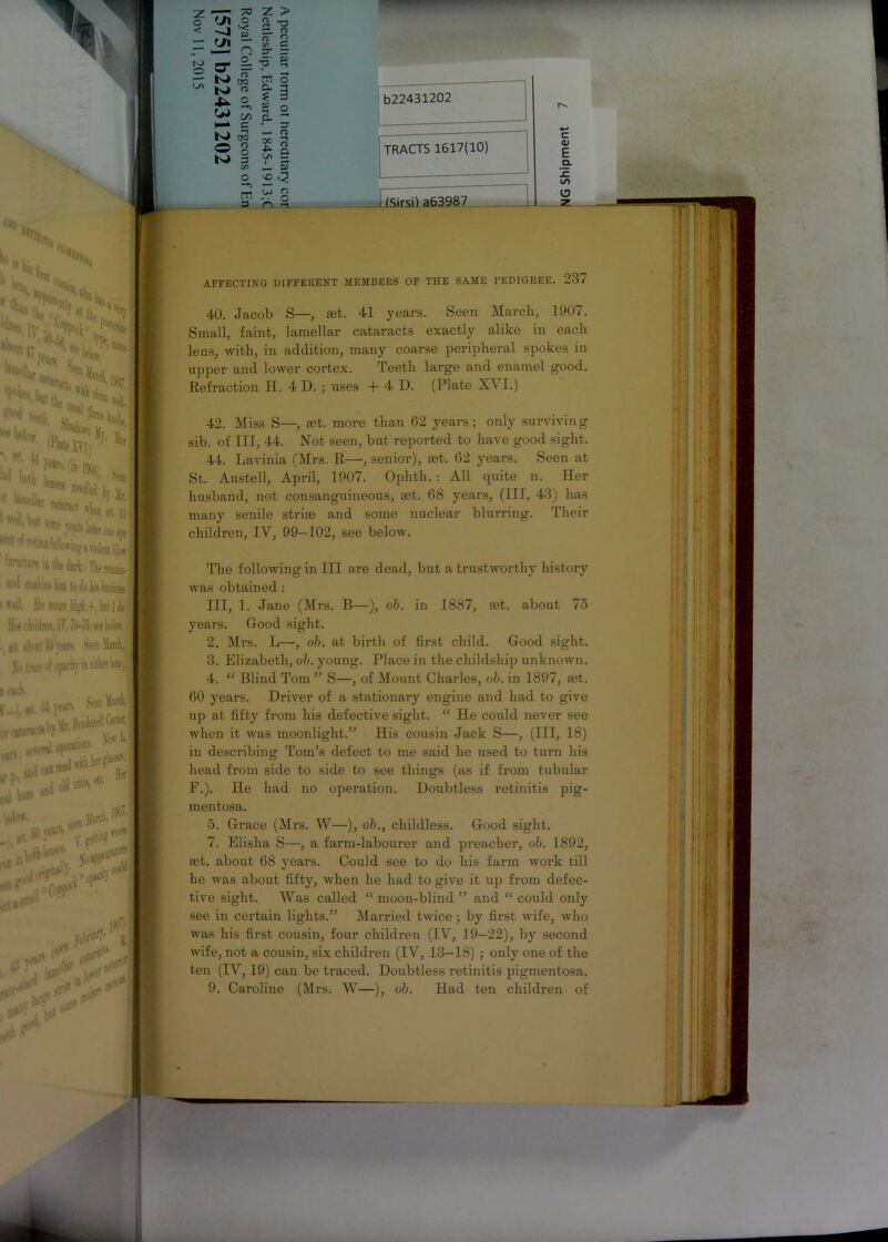-71 “ 'n) rr - ^ OQ |sj n o W £ N— c N> CTC ® § K> 3 m 3 Z > 2. <T> o 2 or. C zr — -5' - ■ ■ —■*■ cn o C. 3 S 3 P? O 3 m oc ui \D C5 u> o n S b22431202 TRACTS 1617(10) c 0) E D. (Sirs!) a63987 1 o z AFFECTING DIFFERENT MEMBERS OF THE SAME PEDIGREE. 237 40. Jacob S—■, aet. 41 years. Seen March, 1907. Small, faint, lamellar cataracts exactly alike in each lens, with, in addition, many coarse peripheral spokes in upper and lower cortex. Teeth large and enamel good. Refraction H. 4 D. ; uses + 4 D. (Plate XVI.) 42. Miss S—, aet. more than 62 years; only surviving sib. of III, 44. Not seen, but reported to have good sight, 44. Lavinia (Mrs. R—, senior), aet. 62 years. Seen at St. Austell, April, 1907. Ophth. : All quite n. Her husband, not consanguineous, set. 68 years, (III, 43) has many senile striae and some nuclear blurring. Their children, IV, 99-102, see below. The following in III are dead, but a trustworthy history was obtained : III, 1. Jane (Mrs. B—), ob. in 1887, aet. about 75 years. Good sight. 2. Mrs. L—, ob. at birth of first child. Good sight. 3. Elizabeth, ob. young. Place in the childship unknown. 4. “ Blind Tom ” S—, of Mount Charles, ob. in 1897, set. 60 years. Driver of a stationary engine and had to give up at fifty from his defective sight. “ He could never see when it was moonlight.” His cousin Jack S—, (III, 18) in describing Tom’s defect to me said he used to turn his head from side to side to see things (as if from tubular F.). He had no operation. Doubtless retinitis pig- mentosa. 5. Grace (Mrs. W—), ob., childless. Good sight. 7. Elisha S—, a farm-labourer and preacher, ob. 1892, aet. about 68 years. Could see to do his farm work till he was about fifty, when he had to give it up from defec- tive sight. Was called “ moon-blind ” and “ could only see in certain lights.” Married twice; by first wife, who was his first cousin, four children (IV, 19—22), by second wife, not a cousin, six children (IV, 13—18) ; only one of the ten (IV, 19) can be traced. Doubtless retinitis pigmentosa. 9. Caroline (Mrs. W—), ob. Had ten children of