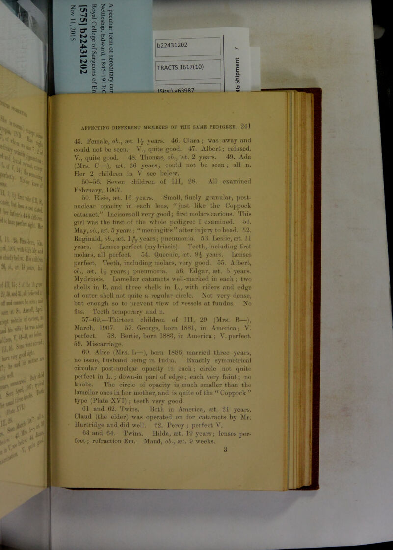 C/3 ^ m jv o 3 0 3 b22431202 4-* TRACTS 1617(10) c 0) E Q. 1 KiiwO a63987 l AFFECTING DIFFERENT MEMBERS OF THE SAME PEDIGREE. 241 45. Female, ob., £et. 1} years. 46. Clara; was away and could not be seen. V., quite good. 47. Albert; refused. V., quite good. 48. Thomas, ob., <et. 2 years. 49. Ada (Mrs. C—), jet. 26 years; coir'.d not be seen; all n. Her 2 children in V see below. 50—56. Seven children of III, 28. All examined February, 1907. 50. Elsie, set. 16 years. Small, finely granular, post- nuclear opacity in each lens, “just like the Coppock cataract.” Incisors all very good; first molars carious. This girl was the first of the whole pedigree I examined. 51. May,o6., jet. 5 years; “ meningitis” after injury to head. 52. Keginald, ob., set. 1/V years; pneumonia. 53. Leslie, jet. 11 years. Lenses perfect (mydriasis). Teeth, including first molars, all perfect. 54. Queenie, jet. 9\ years. Lenses perfect. Teeth, including molars, very good. 55. Albert, ob., jet. 14 years; pneumonia. 56. Edgar, set. 5 years. Mydriasis. Lamellar cataracts well-marked in each ; two shells in K. and three shells in L., with riders and edge of outer shell not quite a regular circle. Not very dense, but enough so to prevent view of vessels at fundus. No fits. Teeth temporary and n. 57—69.—Thirteen children of III, 29 (Mrs. B—), March, 1907. 57. George, born 1881, in America; V. perfect. 58. Bertie, born 1883, in America ; V. perfect. 59. Miscarriage. 60. Alice (Mrs. L—), born 1886, married three years, no issue, husband being in India. Exactly symmetrical circular post-nuclear opacity in each; circle not quite perfect in L.; down-in part of edge; each very faint; no knobs. The circle of opacity is much smaller than the lamellar ones in her mother, and is quite of the “ Coppock ” type (Plate XVI) ; teeth very good. 61 and 62. Twins. Both in America, mt. 21 years. Claud (the elder) was operated on for cataracts by Mr. Hartridge and did well. 62. Percy ; perfect V. 63 and 64. Twins. Hilda, jet. 19 years; lenses per- fect; refraction Em. Maud, ob., jet. 9 weeks. 3