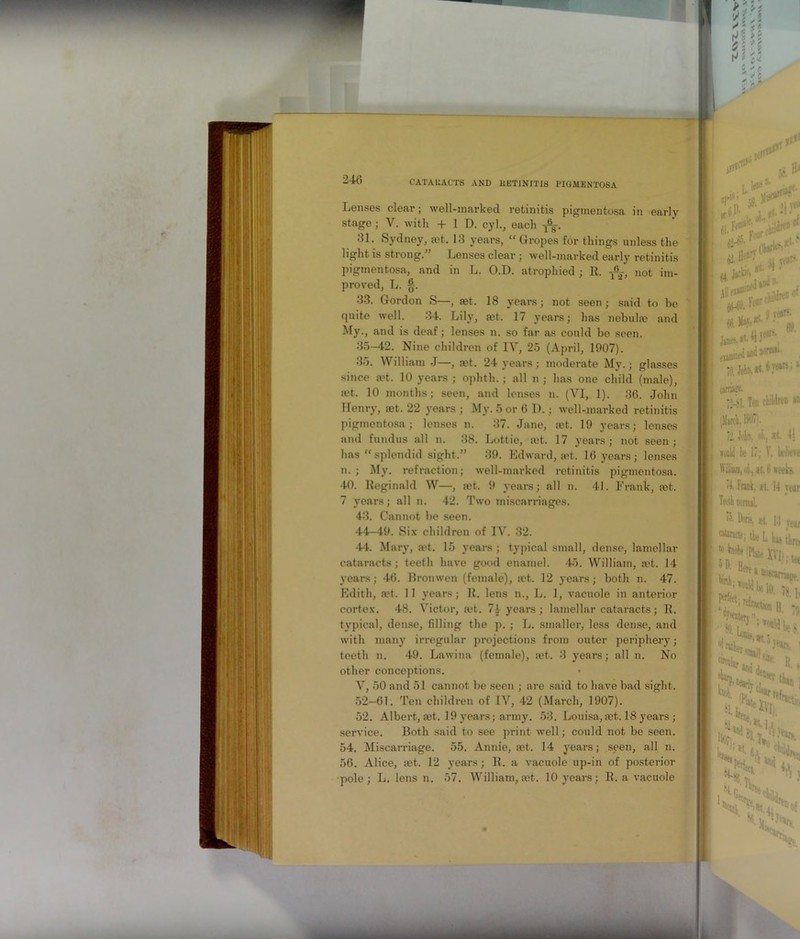 240 Lenses clear; well-marked retinitis pigmentosa in early stage ; V. with + 1 D. cyl., each -1%. 31. Sydney, aet. 13 years, “ Gropes for things unless the light is strong.” Lenses clear ; well-marked early retinitis pigmentosa, and in L. O.D. atrophied ; R. not im- proved, L. 33. Gordon S—, set. 18 years; not seen ; said to be quite well. 34. Lily, set. 17 years; lias nebulas and My., and is deaf; lenses n. so far as could bo seen. 35-42. Nine children of IV, 25 (April, 1907). 35. William J—, aet. 24 years; moderate My.; glasses since aet. 10 years ; ophth.; all n ; has one child (male), ft't. 10 months; seen, and lenses n. (VI, 1). 36. John Henry, aet. 22 years ; My. 5 or 6 D.; well-marked retinitis pigmentosa; lenses n. 37. Jane, aet. 19 years; lenses and fundus all n. 38. Lottie, aet. 17 years; not seen; has “ splendid sight.” 39. Edward, aet. 16 years; lenses n. ; My. refraction; well-marked retinitis pigmentosa. 40. Reginald W—, aet. 9 years; all n. 41. Frank, aet. 7 years; all n. 42. Two miscarriages. 43. Cannot be seen. 44—49. Six children of IV. 32. 44. Mary, aet. 15 years ; typical small, dense, lamellar cataracts; teeth have good enamel. 45. William, aet. 14 years; 46. Bronwen (female), aet. 12 years; both n. 47. Edith, iet. 11 years; R. lens n., L. 1, vacuole in anterior cortex. 48. Victor, aet. 74 years ; lamellar cataracts; R. typical, dense, filling the p. ; L. smaller, less dense, and with many irregular projections from outer periphery; teeth n. 49. Lawina (female), set. 3 years; all n. No other conceptions. Y, 50 and 51 cannot be seen ; are said to have bad sight. 52—61. Ten children of IV, 42 (March, 1907). 52. Albert, aet. 19 years; army. 53. Louisa,aet. 18 years; service. Both said to see print well; could not be seen. 54. Miscarriage. 55. Annie, aet. 14 years; seen, all n. 56. Alice, aet. 12 years; R. a vacuole up-in of posterior pole; L. lens n. 57. William, a?t. 10 years; R. a vacuole s»- iilitt if# ipi' k ■ * : I-ftir '' ' I rt*1, ; Janies, examined an<iBCrB1,i' 70. caraafr 72-^81. Ten childr (March, 190< • 11 Job, :H. would 1* 17; 1. I William, A, at 0 »t 71. Frank, n. 14 [| Teeth normal. 75. Doris, at. |;j \ tie L hat 1 'Plate XVI a nit*. Neel; i 'tyfcntt «U rather rfirnlar. K»b. «!•] y*«, %.