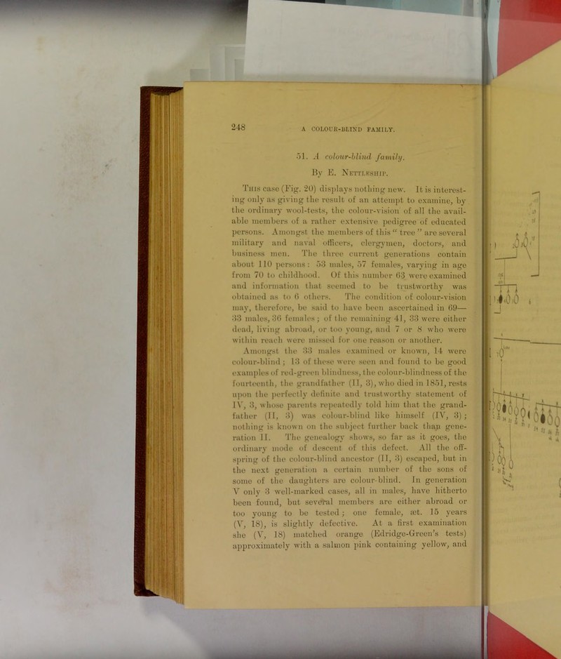 A COLOUR-BLIND FAMILY. 51. *4 colour-blind family. By E. Nettlkship. This case (Fig. 20) displays nothing new. It is interest- ing only as giving the result of an attempt to examine, by the ordinary wool-tests, the colour-vision of all the avail- able members of a rather extensive pedigree of educated persons. Amongst the members of this “ tree ” are several military and naval officers, clergymen, doctors, and business men. The three current generations contain about 110 persons: 53 males, 57 females, varying in age from 70 to childhood. Of this number 63 were examined and information that seemed to be trustworthy was obtained as to 6 others. The condition of colour-vision may, therefore, be said to have been ascertained in 09— 33 males, 36 females; of the remaining 41, 33 were either dead, living abroad, or too young, and 7 or 8 who were within reach were missed for one reason or another. Amongst the 33 males examined or known, 14 were colour-blind; 13 of these were seen and found to be good examples of red-green blindness, the colour-blindness of the fourteenth, the grandfather (II, 3), who died in 1851, rests upon the perfectly definite and trustworthy statement of IV, 3, whose parents repeatedly told him that the grand- father (II, 3) was colour-blind like himself (IV, 3); nothing is known on the subject further back than gene- ration 11. The genealogy shows, so far as it goes, the ordinary mode of descent of this defect. All the off- spring of the colour-blind ancestor (II, 3) escaped, but in the next generation a certain number of the sons of some of the daughters are colour-blind. In generation V only 3 well-marked cases, all in males, have hitherto been found, but several members are either abroad or too young to be tested; one female, mt. 15 years (V, 18), is slightly defective. At a first examination she (V, 18) matched orange (Edridge-Green’s tests) approximately with a salmon pink containing yellow, and